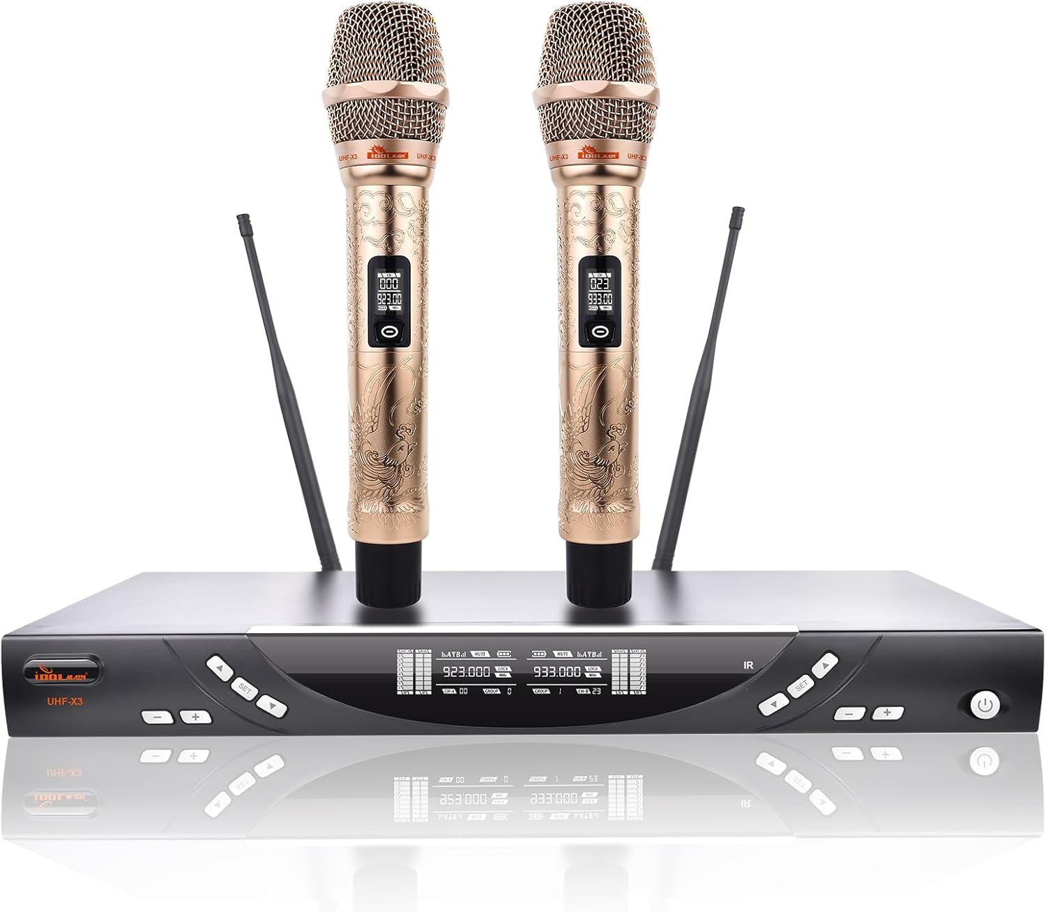 IDOLmain UHF-X3 Golden Phoenix Engraved Premium Dual Karaoke Wireless Microphones System with Vocal Enhance