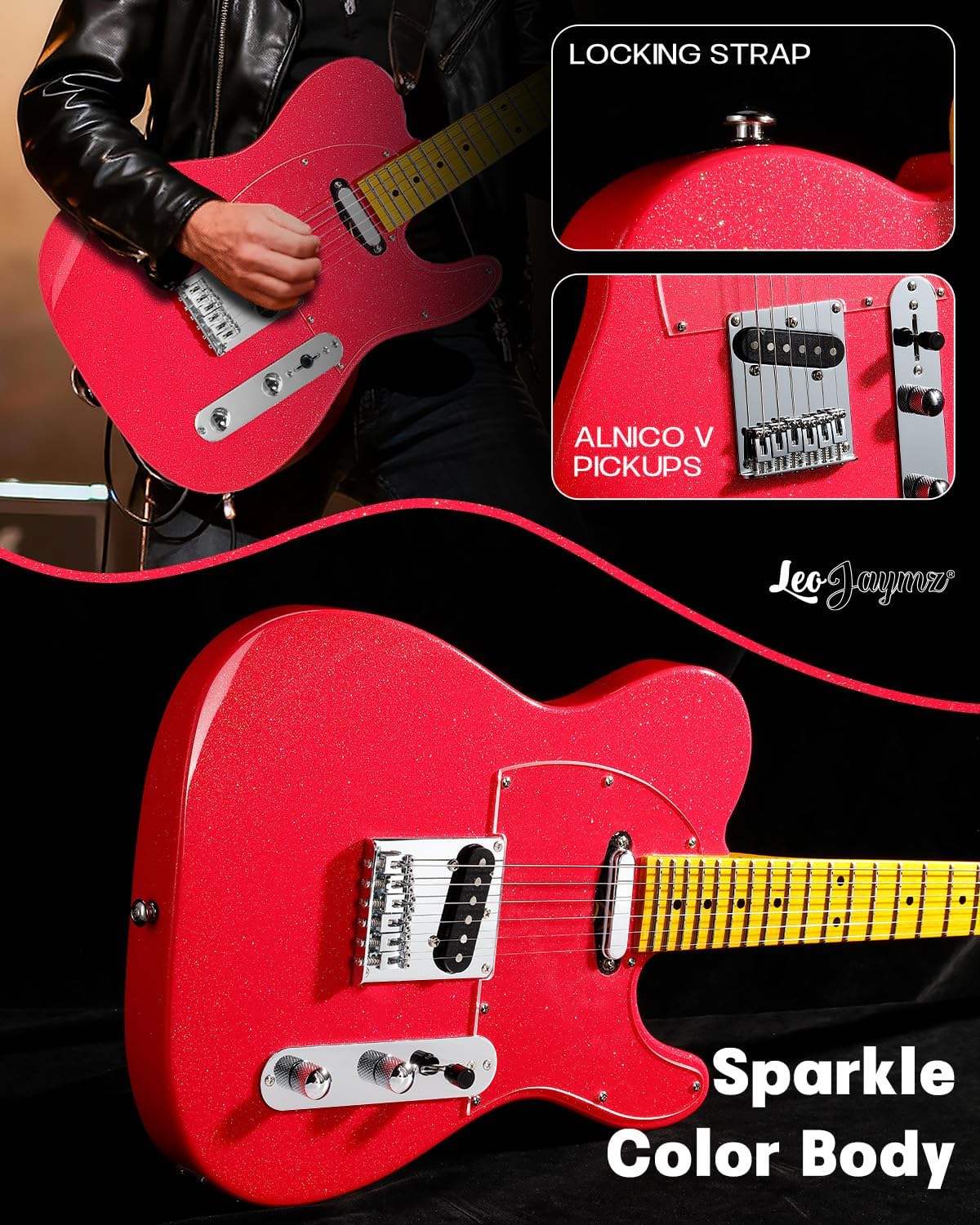 Leo Jaymz Electric Guitar in Sparkle Color - High Gloss Mahogany Body and Hard Maple Neck - High Transparent Acrylic Pickguard - Highly Output Alnico V Pickups (Elite Sparkle Pink)