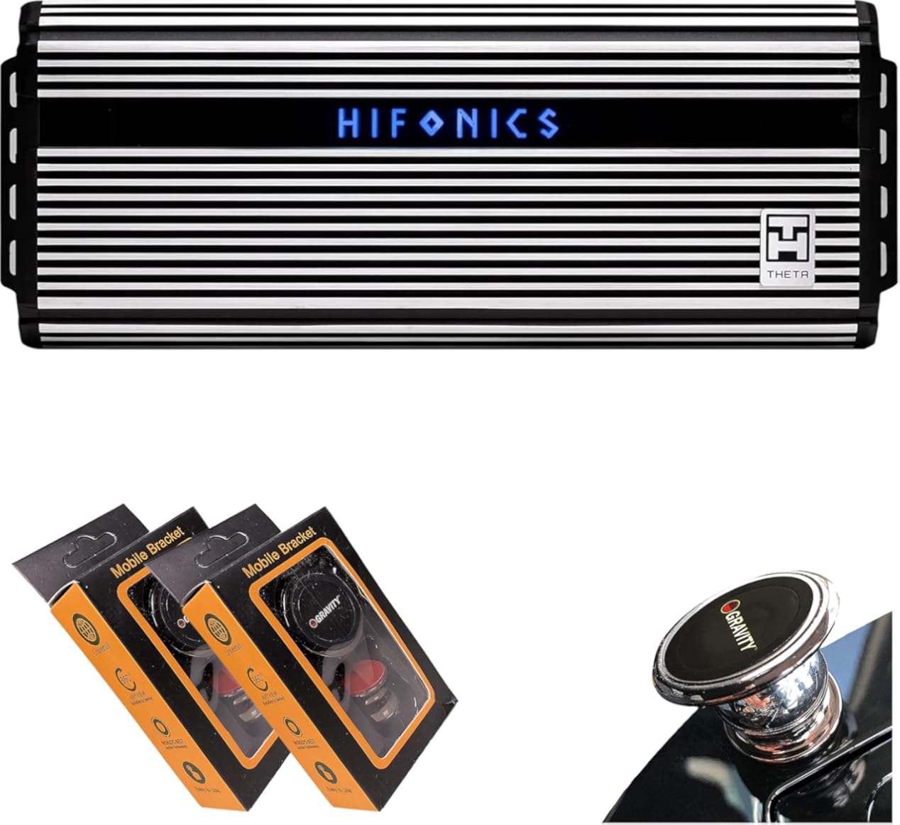 Hifonics ZTH-3225.1D Zeus Theta Compact Mono Channel Car Audio Amplifier (Silver) – Class D Amp, 3200-Watt Built-in Bass Control, Bass Remote Included with 2 Gravity Phone Holder Bundle