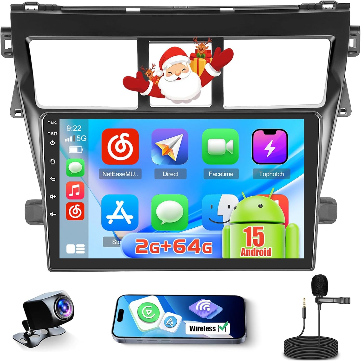 [2+64GB] Realdio Android 15 Car Radio for Toyota Yaris/Vios 2007-2012 CarPlay Android Auto, 9 Inch Touch Screen for Yaris Car Stereo with WiFi GPS Navi Bluetooth EQ 26UI AHD Backup Camera