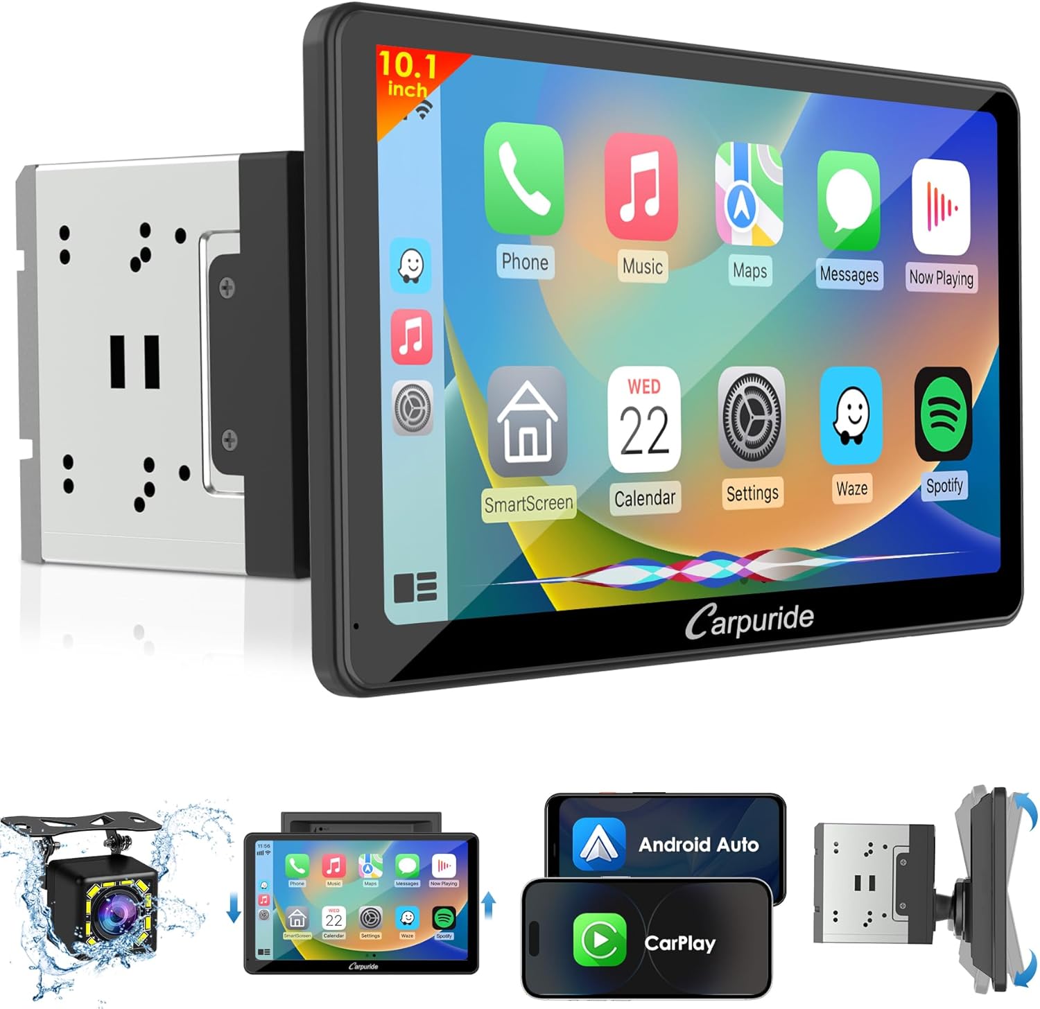 Carpuride Double Din Car Stereo with Wireless CarPlay & Android Auto Car Radio 10.1