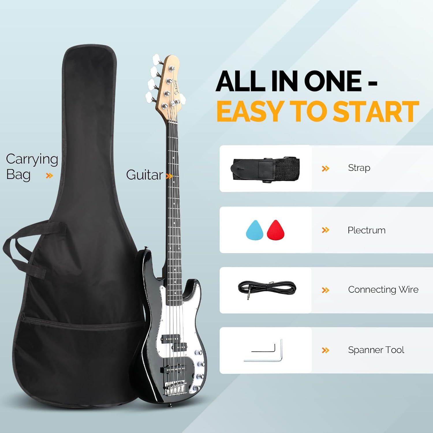 Glarry 5 String Electric Bass Guitar, Full Size Right Handed Rosewood Fretboard Bass Kit with Strap, Cable and Pick (GP Series-Black)