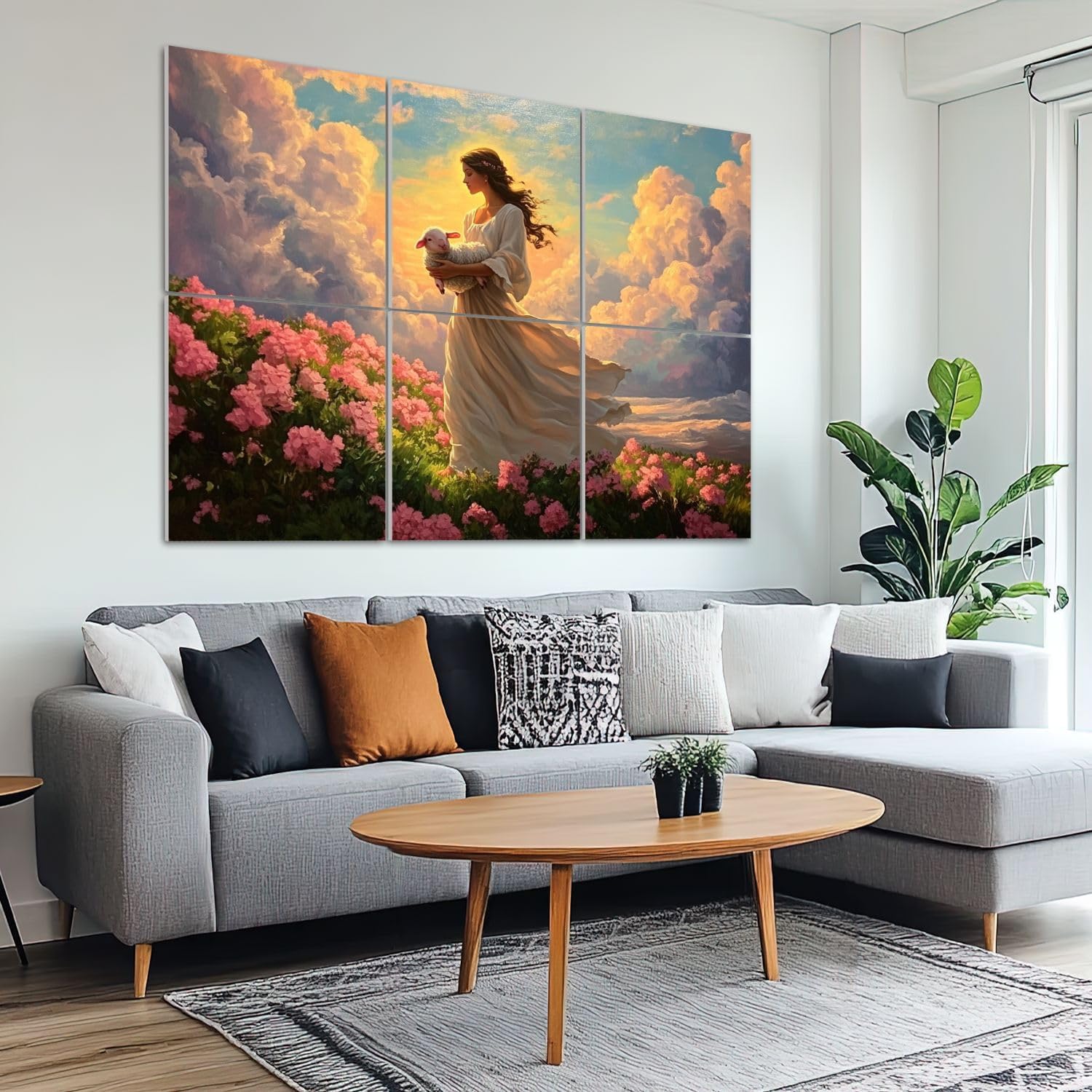 6 Pack Art Acoustic Panels Sound Absorbing Lamb Pink Flower Field Modern Theme Christian Christ Spiritual Flowers Decorative Soundproof Wall Panels Self Adhesive for Recording Studios Office 72