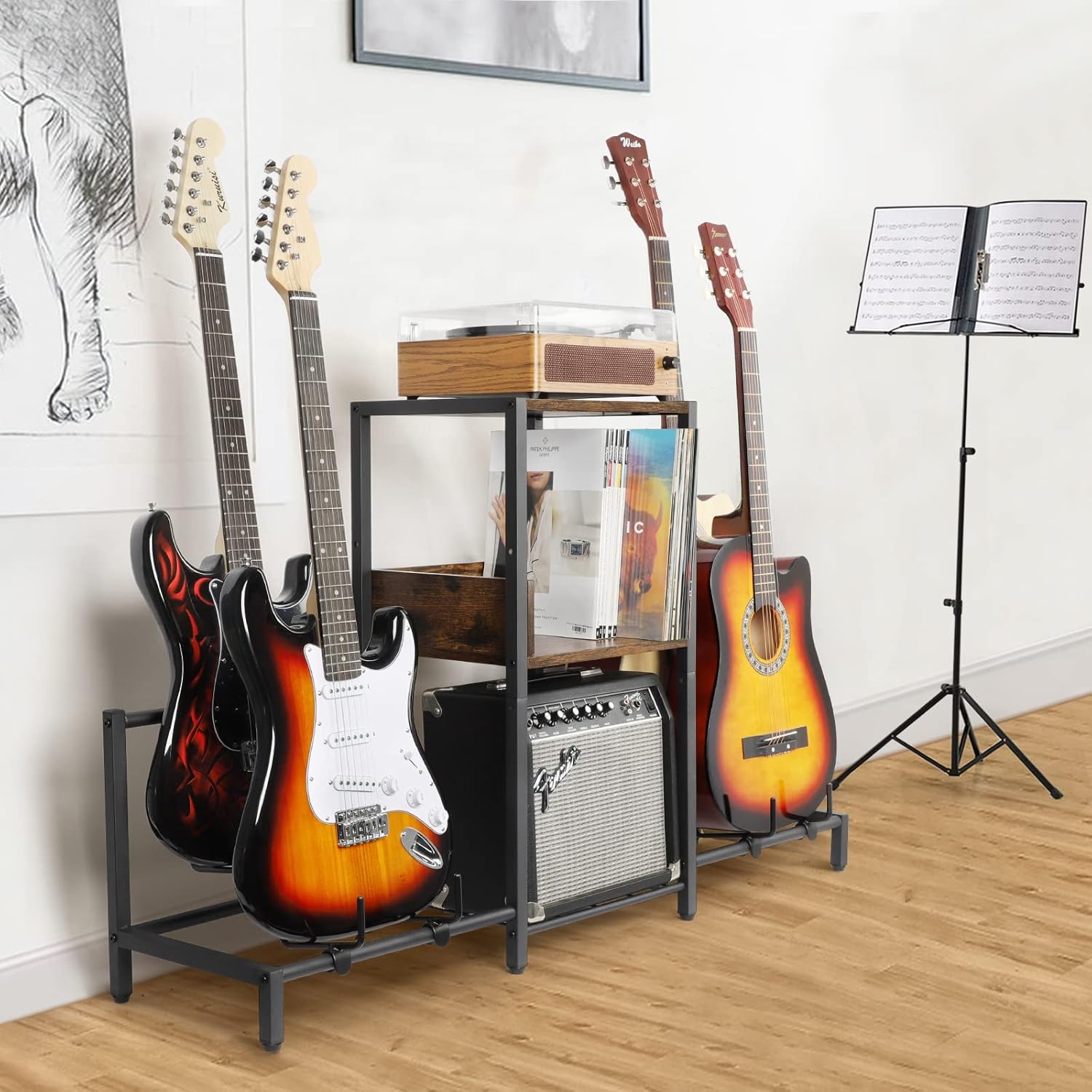 Bikoney Guitar Stand for 4 Guitars - Acoustic, Electric, Bass & Ukulele Floor Rack with 2 Wood Shelves for Amp Holder, Vinyl Records & Media Storage - Adjustable Multi Guitar Display Stand for Music Studio Home (Patent)
