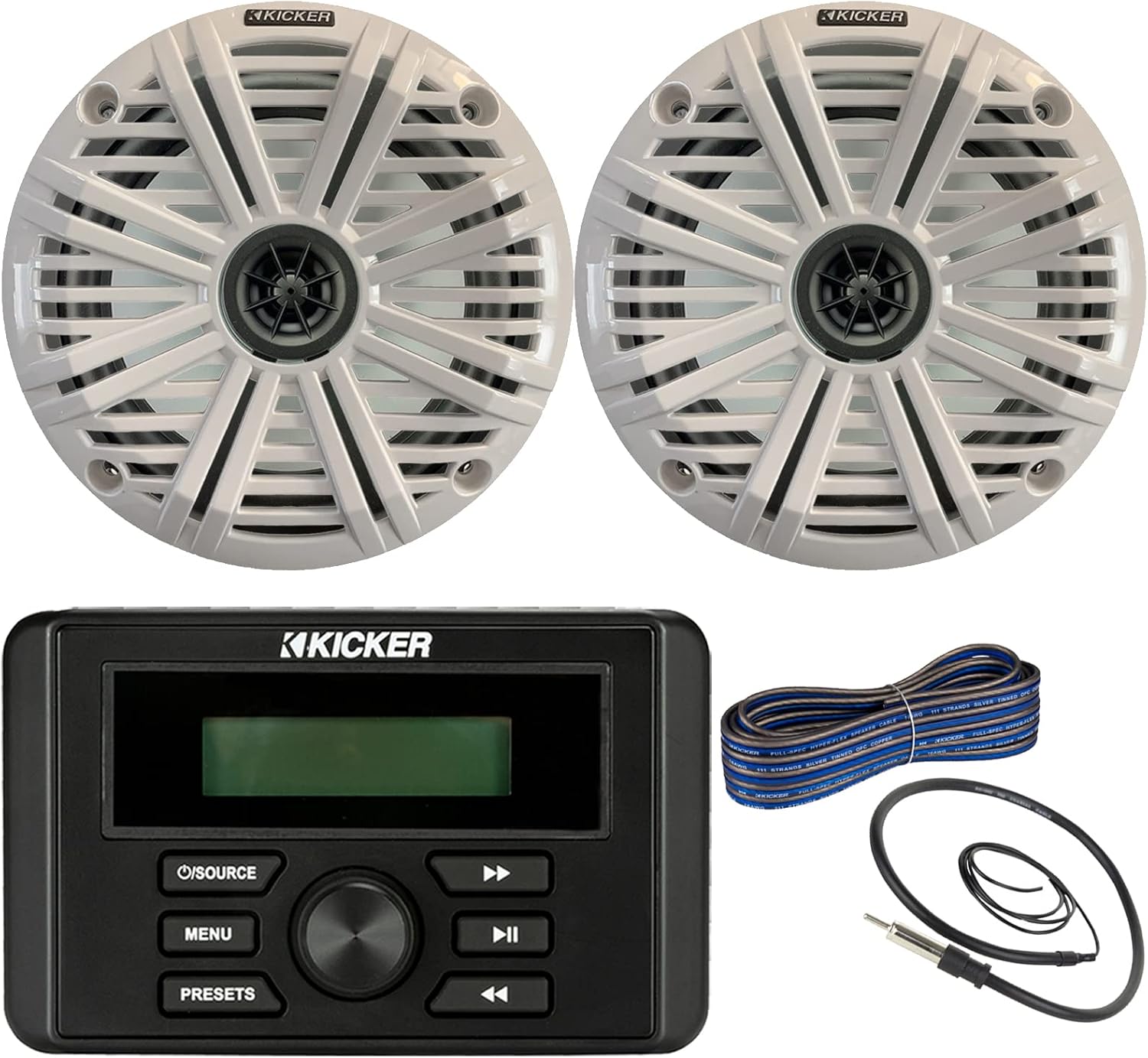 Kicker Weather-Resistant Marine Bluetooth USB RCA Stereo Receiver Bundle Combo with (QTY 2) 6.5