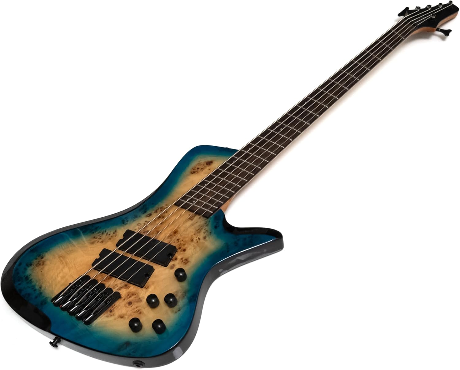 Upgrade Fanned Fret 5-String Bass Guitar, Multi-Scale 34.5–36.25″, Blue Burl Burst, Roasted Maple Neck, Rosewood Fingerboard, Active/Passive Humbuckers, 3-Band EQ, Jumbo Frets, Black Hardware