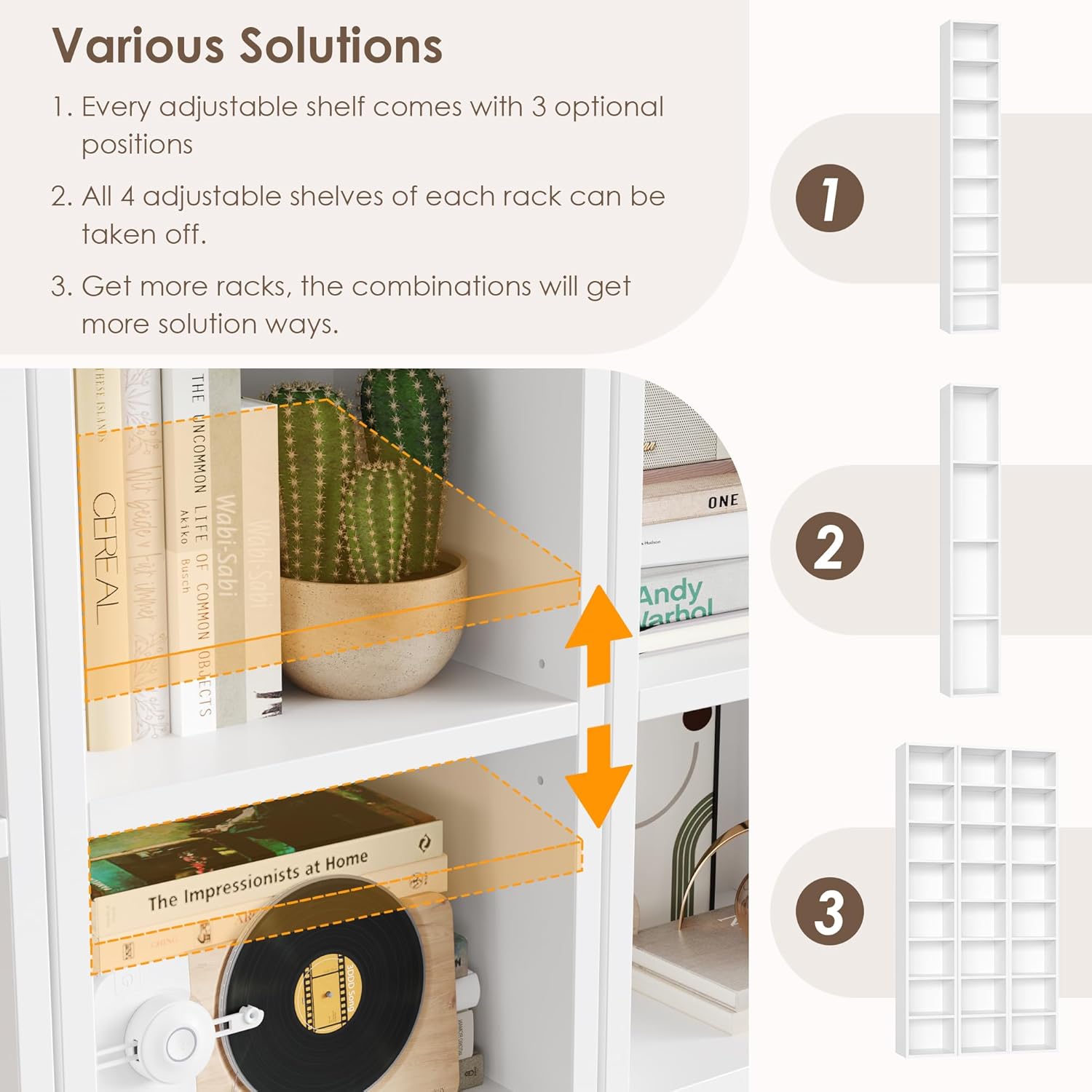 FOTOSOK 8-Tier Media Tower Rack, 11.6 X 9.3 X 70.9 Inches CD DVD Slim Storage Cabinet with Adjustable Shelves, Tall Narrow Bookcase Display Bookshelf for Home Office, White