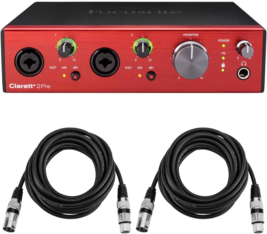 Focusrite Clarett+ 2Pre 8-Channel 10-In/4-Out Audio Interface with Software Suite, Bundle with 2x H&A 15' Value Series XLR Mic Cable