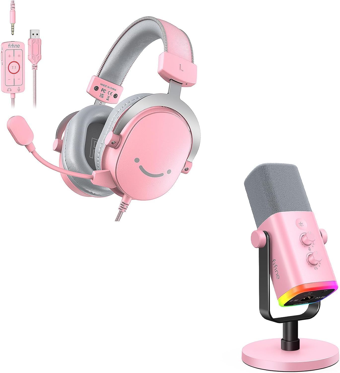 FIFINE Streaming Microphone and USB Gaming Headset Kit, XLR/USB Dynamic Mic with Headphones Jack for Computer, PC Over-Ear Wired Headphones Bundle with 7.1 Surround Sound for PS4/PS5 (AM8P+H9P)