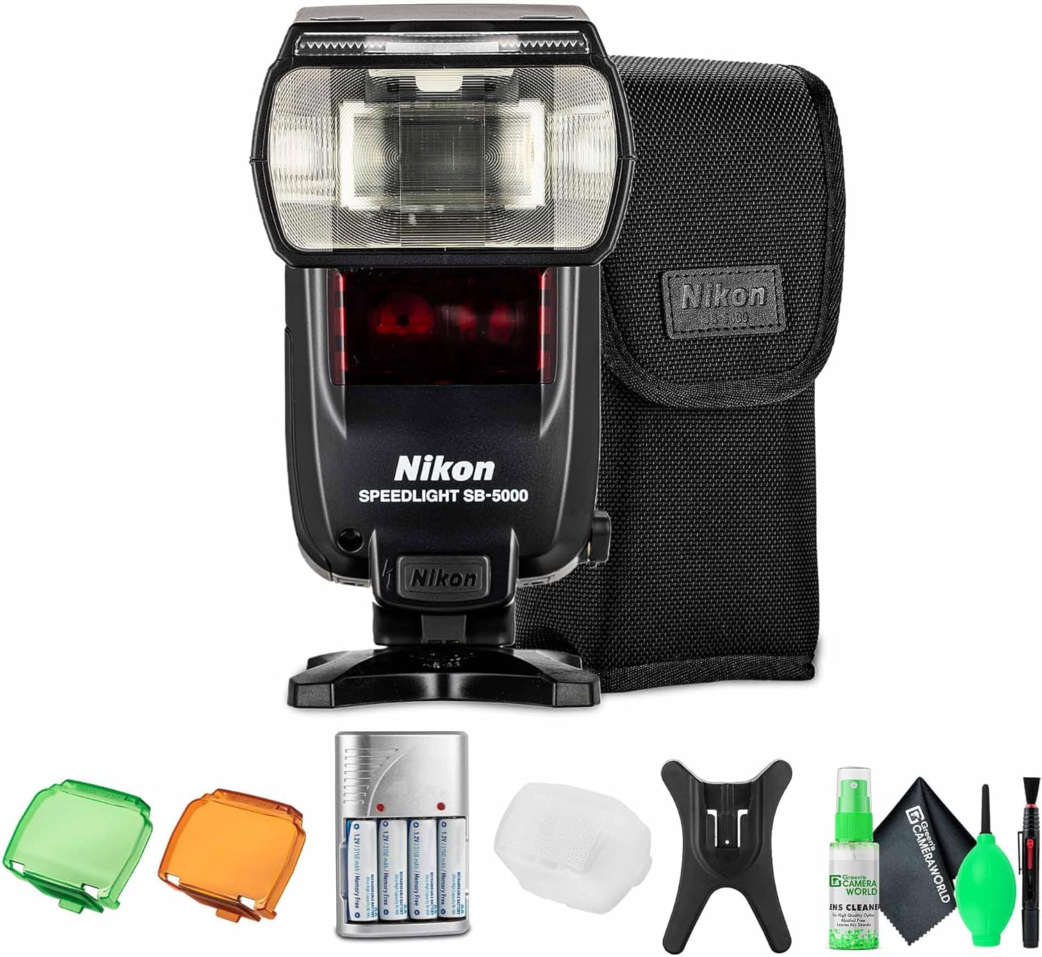 Nikon SB-5000 AF Speedlight Flash (4815), i-TTL, Optical & Radio Wireless Triggering, Cooling for Continuous Bursts – Compatible with DSLR and Mirrorless Cameras + Cleaning Kit + 4X AA with Charger