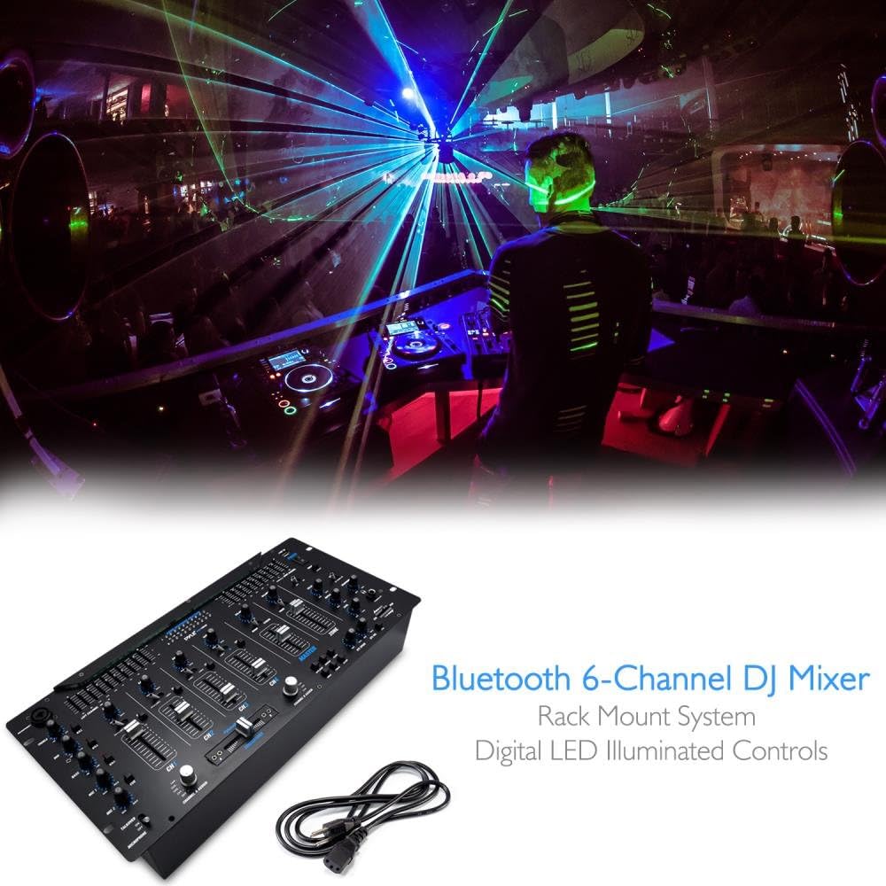 Pyle 6 Channel Mixer DJ Controller with Bluetooth, Professional Sound Digital Mixing System with LED Illumination, Slider Controls, Speed Control, 10 Band Equalizer 5U Rack Mount System - PYD1964B.5