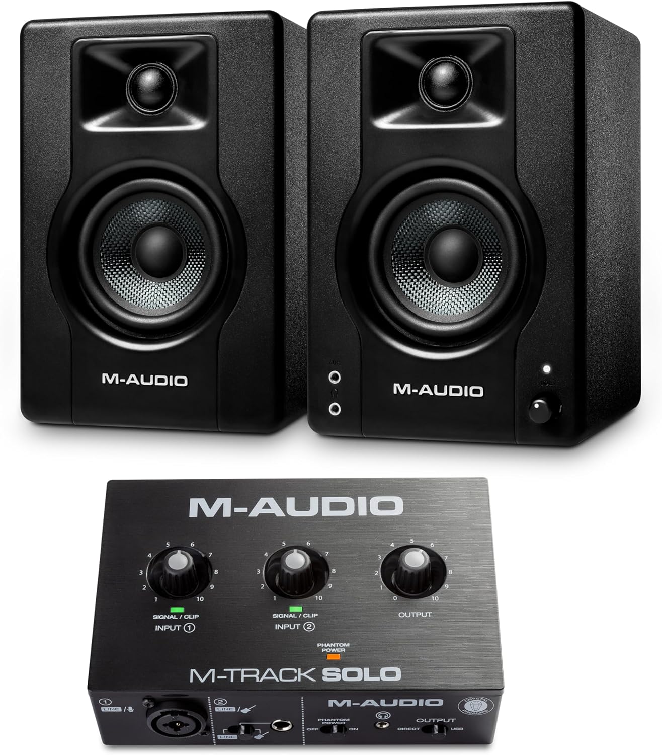 M-Audio Recording, Streaming and Podcasting Bundle – M-Track Solo USB Audio Interface and 120W BX3 Stereo Speakers, Plus a Software Suite Included
