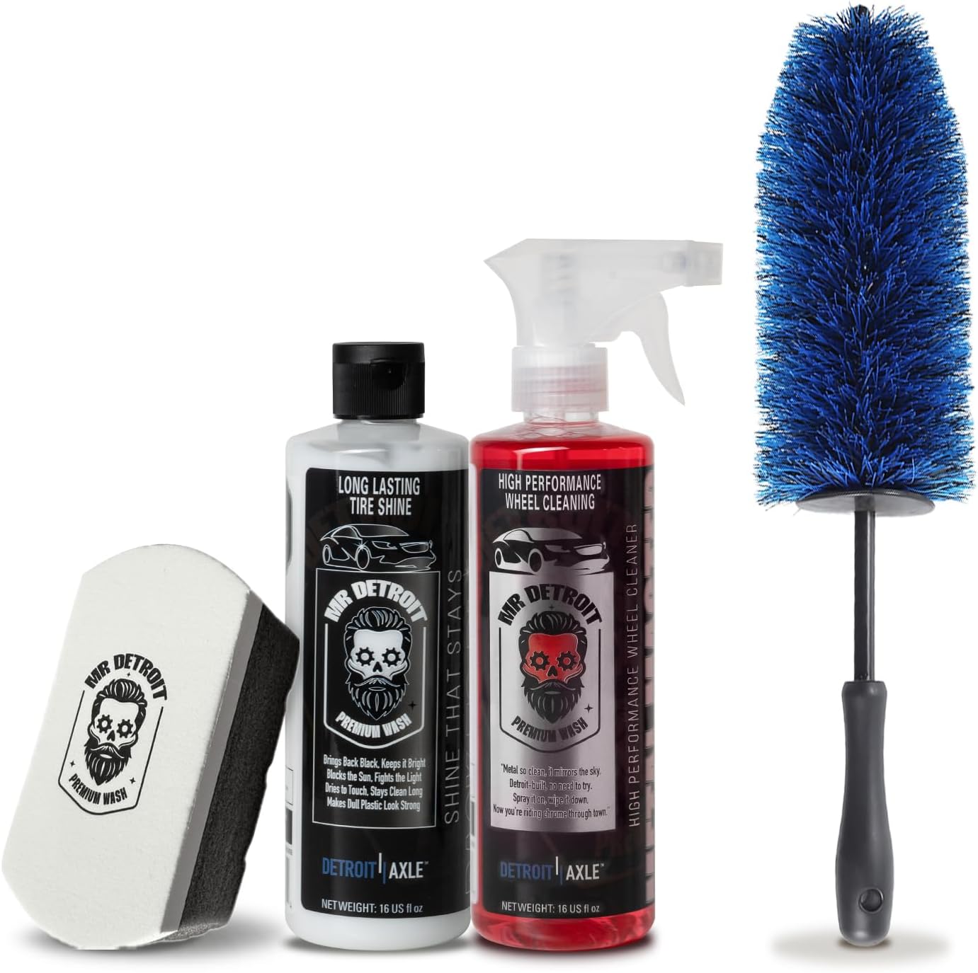 Mr. Detroit - 4pc Car Cleaning Kit with Wheel Cleaner, Tire Shine, Sponge Pad, Wheel Barrel Brush, Multi-Purpose Use, Powerful Formula, Effective Dirt Removal