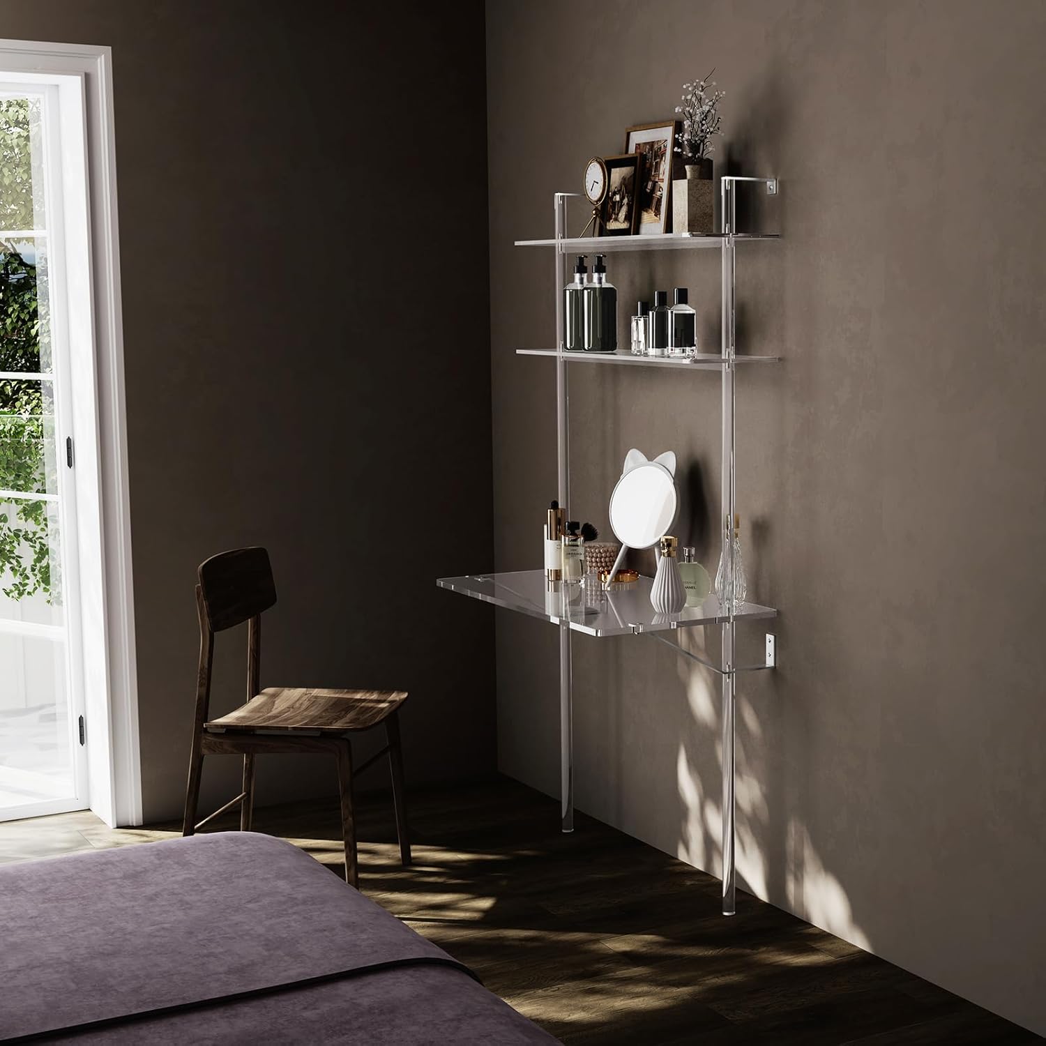 HMYHUM Acrylic Wall Mount Desk, Clear Ladder Desk with Open Shelves, Floating Desk for Laptop, Computer, Study, Writing, Vanity Table, Modern, 36