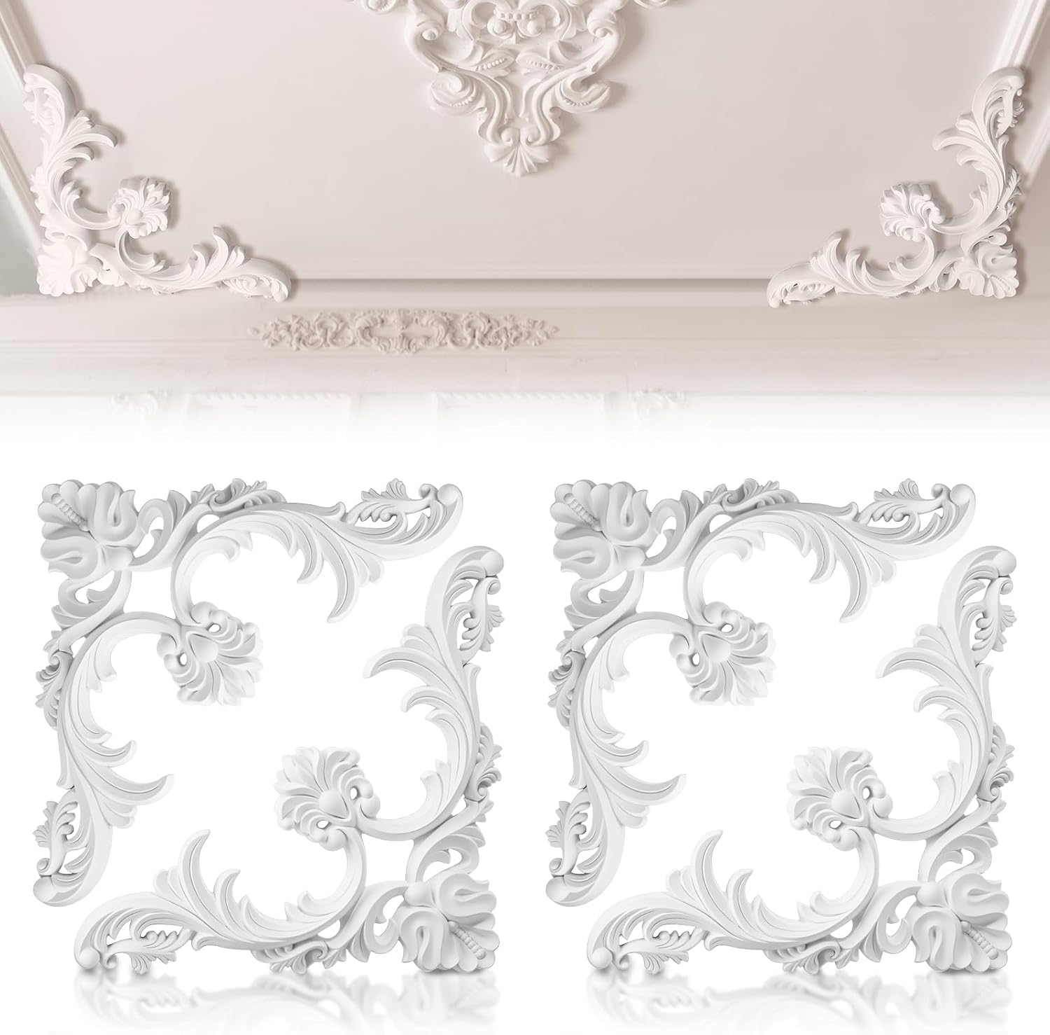 4 Pcs Ceiling Molding Kit Corners Murals Trim French Style Accent Wall Decor for Interior Medallion Ceiling with Flowers Pattern Decorative Panels for Wall (13.4 x 13.4 in,Classic)
