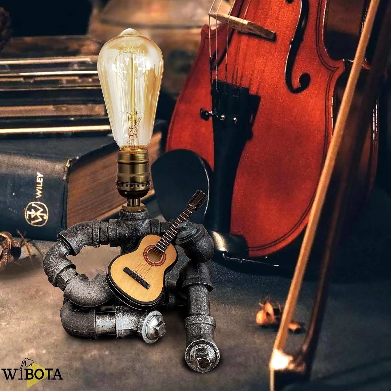 Steampunk Industrial Guitar Lamp - Unique Table Lamp/Desk Lamp with Edison Bulb, Vintage Decorative Lamp for Men, Guitar Lovers & Musicians, Creative Unusual Music-Themed Gift