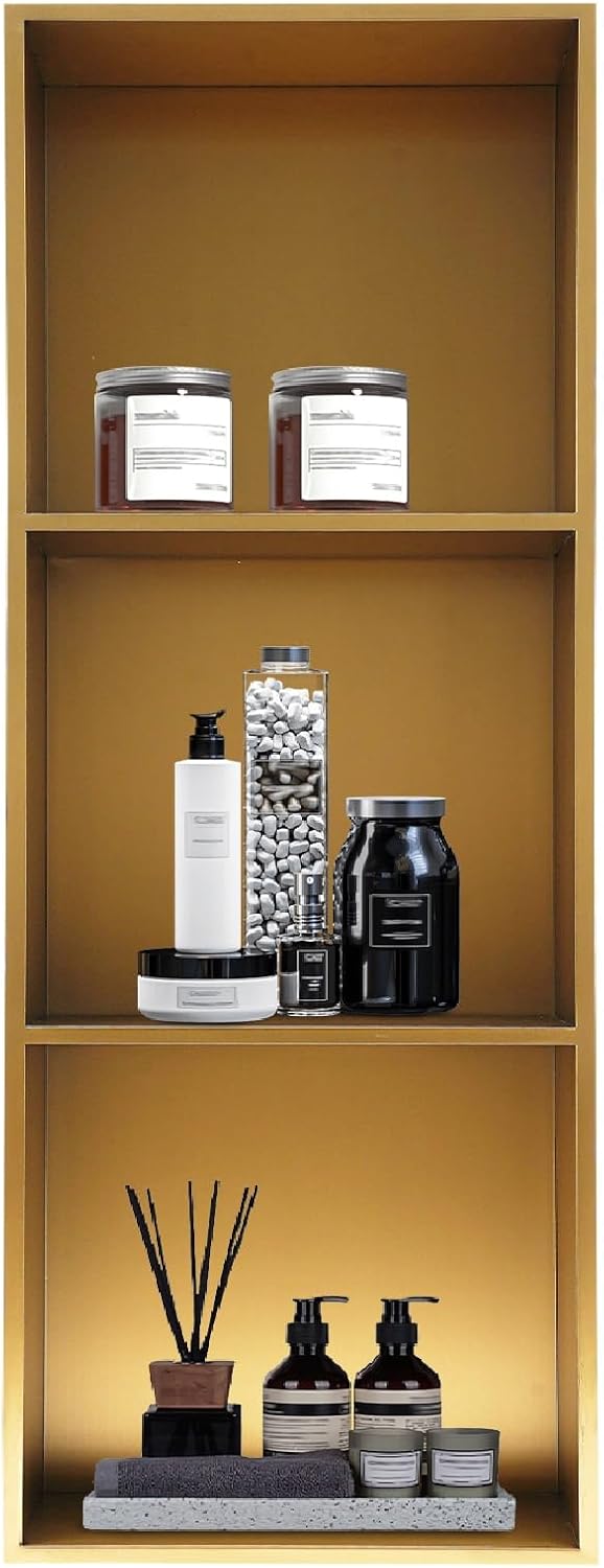 Stainless Steel Shower Niche for Shower Wall Recessed Wall Niche Gold 11 X 35.7In, No Tile Needed Wall Niche Recessed Shower Shelf for Bathroom Storage