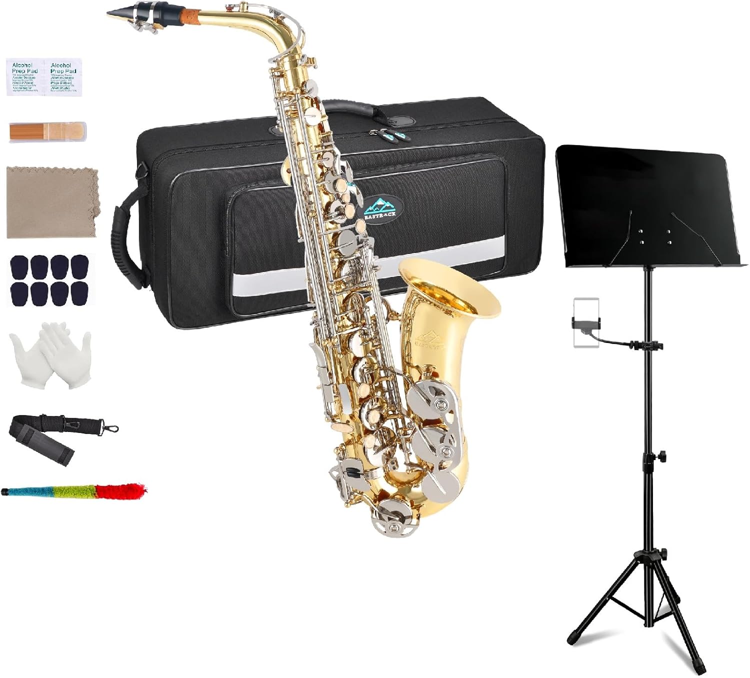 EASTROCK Gold/Nickel Alto Saxophone E Flat Sax and Metal Sheet Music Stand