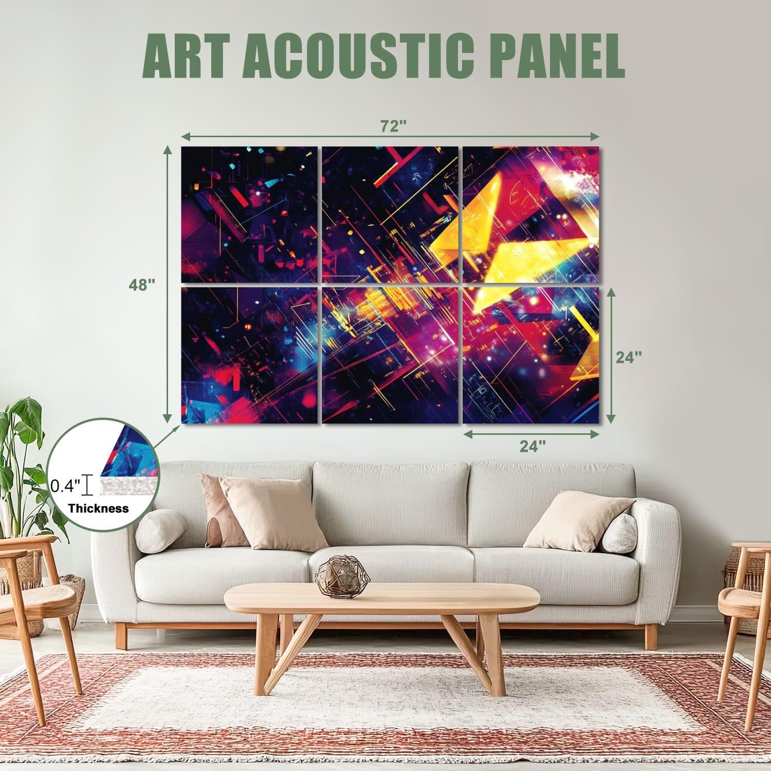6 Pack Art Acoustic Panels Sound Absorbing Math Tv Triangles Bright Yellow Electric Blue Dynamic Lines Neon Art Decorative Soundproof Wall Panels Self Adhesive for Recording Studios Office 72
