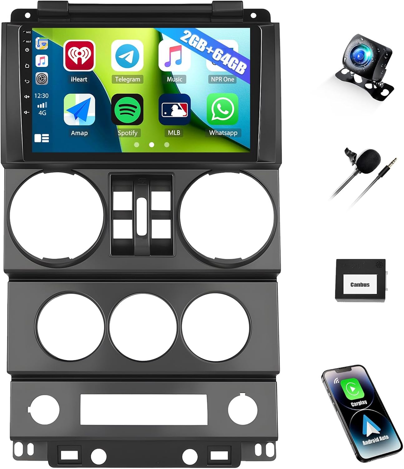 2GB+64GB Car Radio Stereo for Jeep Wrangler 2007 2008 2009 2010 (4 Door) with Wireless Carplay Android Auto 9