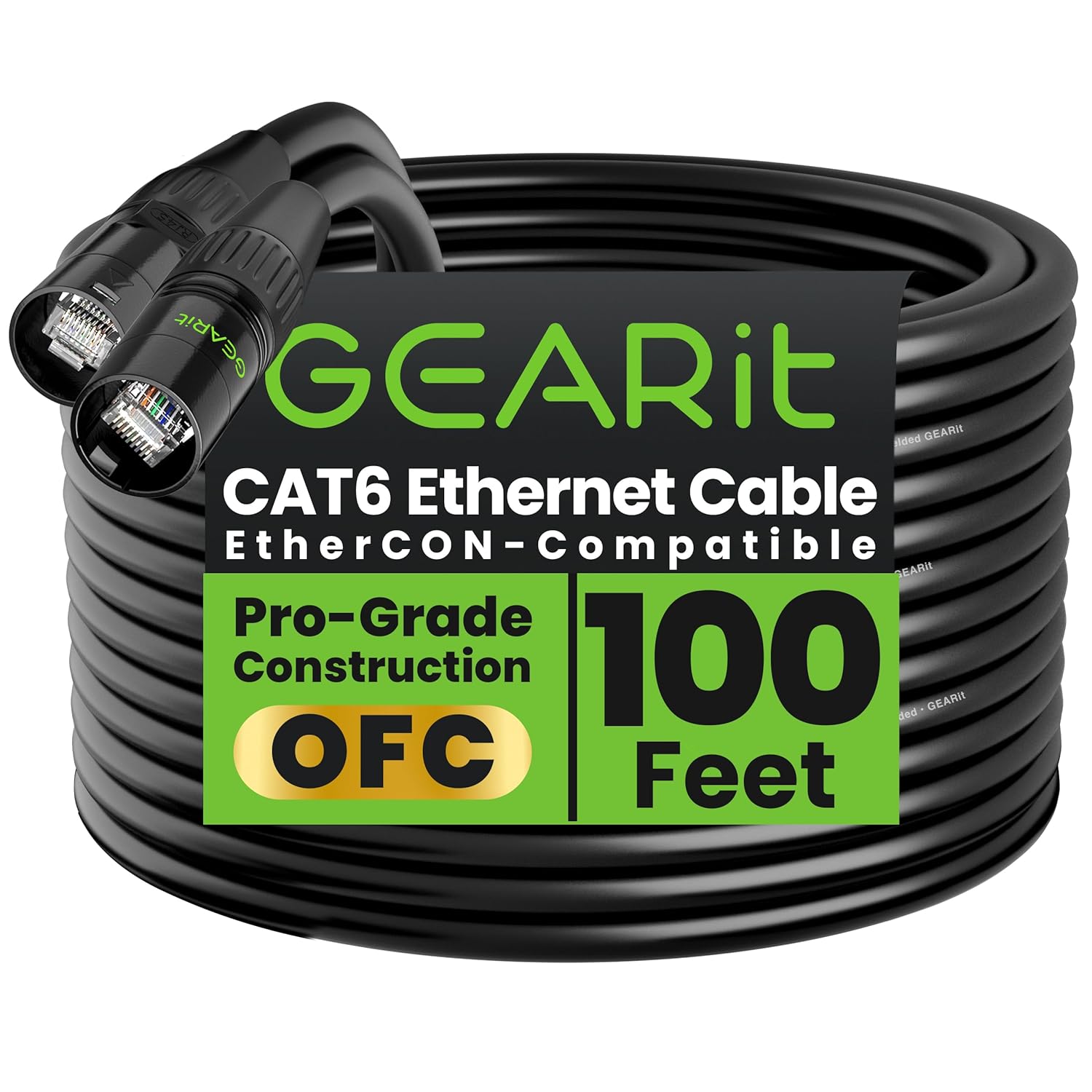 GEARit Shielded CAT6 Ethercon Cable (100 Feet) Professional Audio & Lighting RJ45 EtherCON-Compatible Cable for Studio, Stage, Concerts - 100ft Black