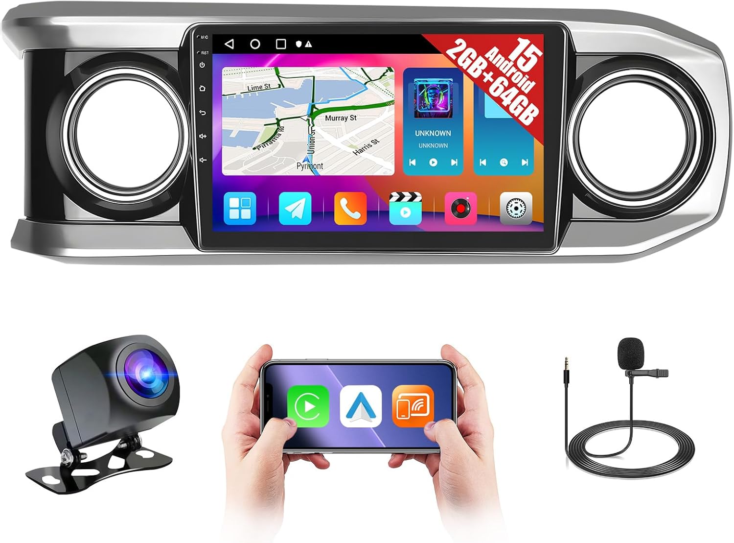 2+64GB Android 15 Car Radio for Toyota Tacoma 2016-2021 with Wireless CarPlay Android Auto, 10.1