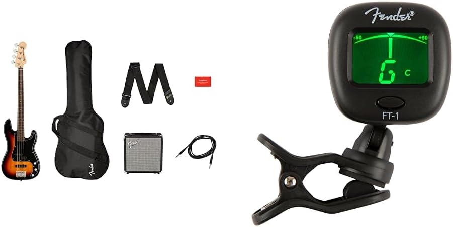 Squier by Fender Precision Bass Guitar Kit, Affinity Series, Laurel Fingerboard, 3-Color Sunburst & FT-1 Professional Guitar Tuner Clip On, with 1-Year Warranty