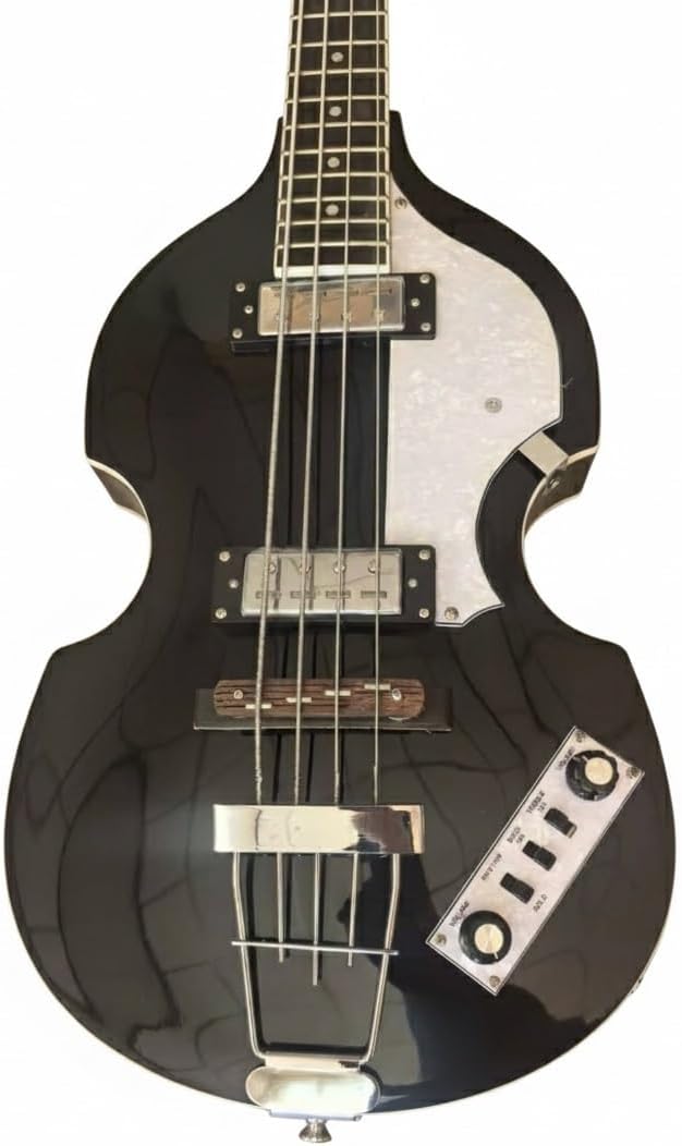 Violin Electric Bass Guitar 4 String 41 Inch Short Scale - Hollow Basswood Body with Flame Maple Appearance & Neck(Black)