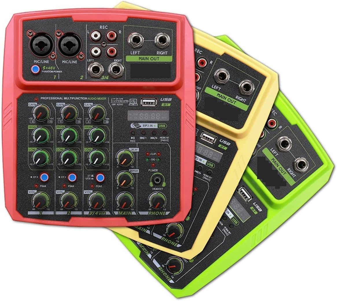 Audio Mixer, 4 Channels Sound Mixer Interface Professional Studio Recording Sound Card Mixing Console Microphone 48V Phantom Power Audio Quality,Groen-L