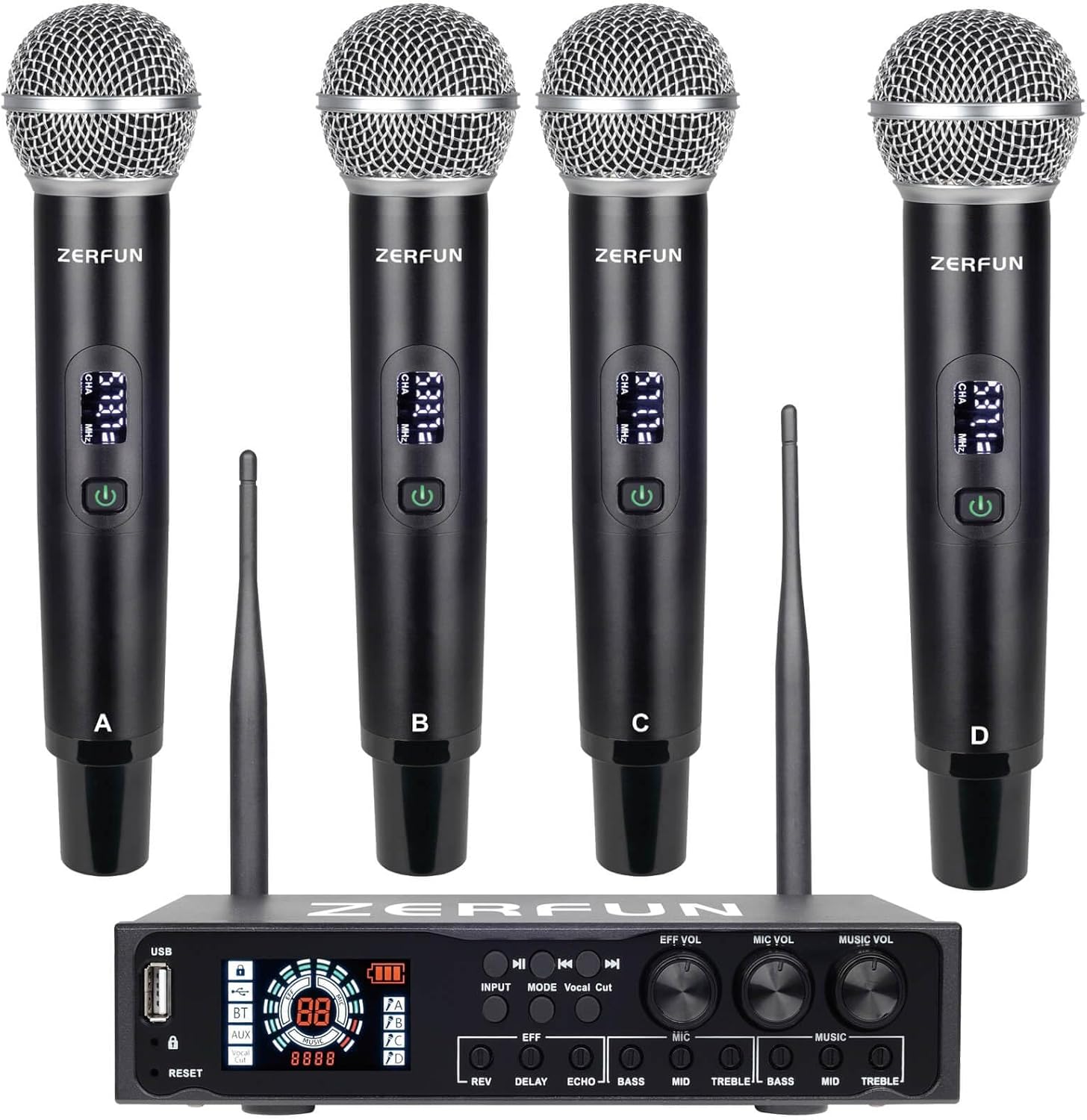 4 Channel Rechargeable Wireless Microphone System Pro & Pre Effector, UHF Metal Handheld Cordless Mics with Vocal Cut, Bluetooth, USB Port, XLR, 1/4, Optical, RCA Input/Output, LCD Display