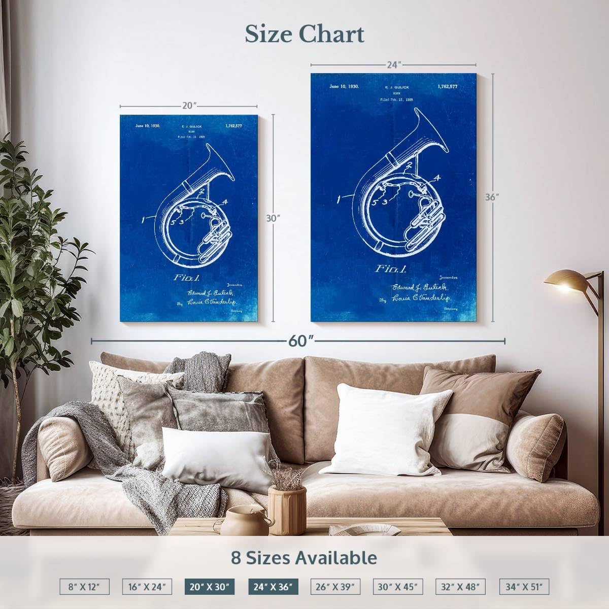 Elephant Stock - Faded Blueprint Sousaphone Patent Poster Wall Art - Vertical Canvas Wall Art - Hallway Wall Decor - Drawing Music Blueprints Canvas Art - Blue And White Decor by Cole Borders - 20