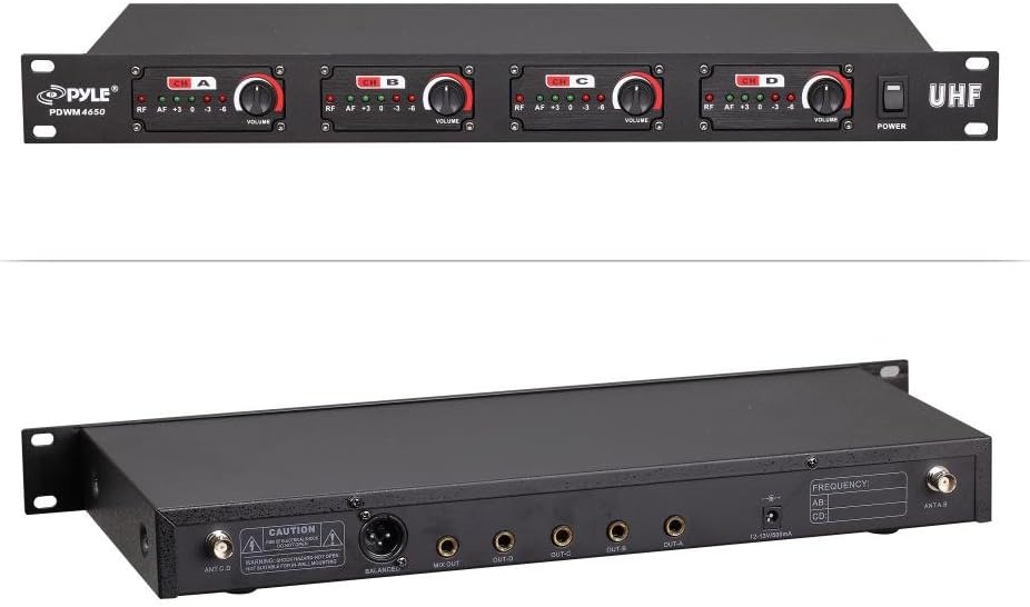 Pyle 4 Channel Wireless Microphone System - Professional Rack Mount UHF Receiver and Cable Free Desktop Transmitter Mic Set w/ Mesh Head, Volume Controls, AF / RF Signal Indicators, XLR