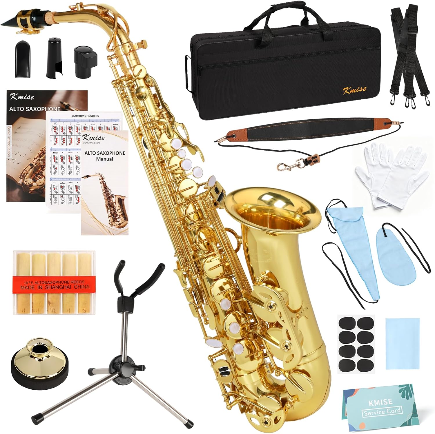 Kmise E Flat Alto Saxophone, Lightweight Saxophones for Students Beginner, Saxofon Full Kit with Portable Case, Sax Stand, Strap, Reeds, Beginner's Guides, Mute, Cleaning Kit (Gold Lacquer)