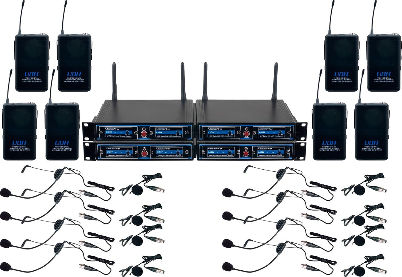 VocoPro UDHPLAY8 EIGHT CHANNEL UHF Headset & Label Wireless Microphone Package with Mic-on-chip technology