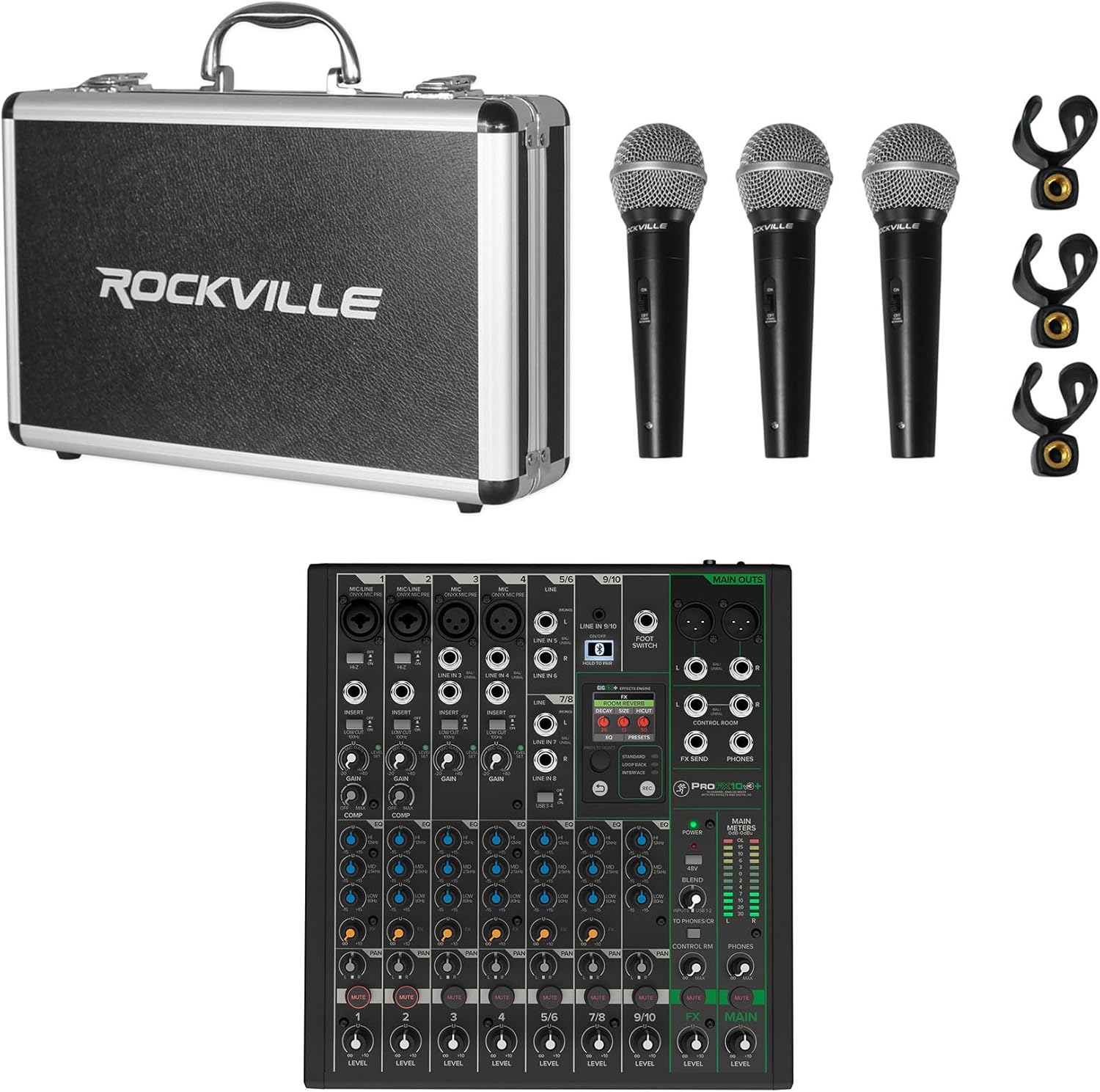 Audiosavings Bundle: (1) Mackie ProFX10v3+ 10-Channel Analog Mixer w/Enhanced FX/USB Recording/Bluetooth Bundle With (1) Rockville RMC-3PK 3 Pack Metal Wired Vocal/Instrument/DJ Microphones+Metal Case