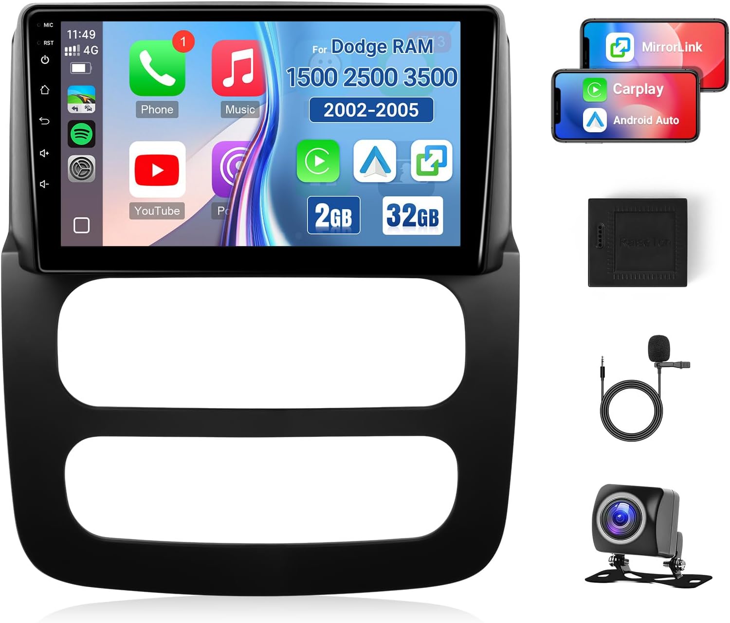 Leadfan Car Radio Stereo for Dodge RAM 1500 2500 3500 2002 2003 2004 2005 Replacement with Wireless CarPlay Android Auto, 9'' Touch Screen with Bluetooth GPS Navigation WiFi SWC Backup Camera Pantalla