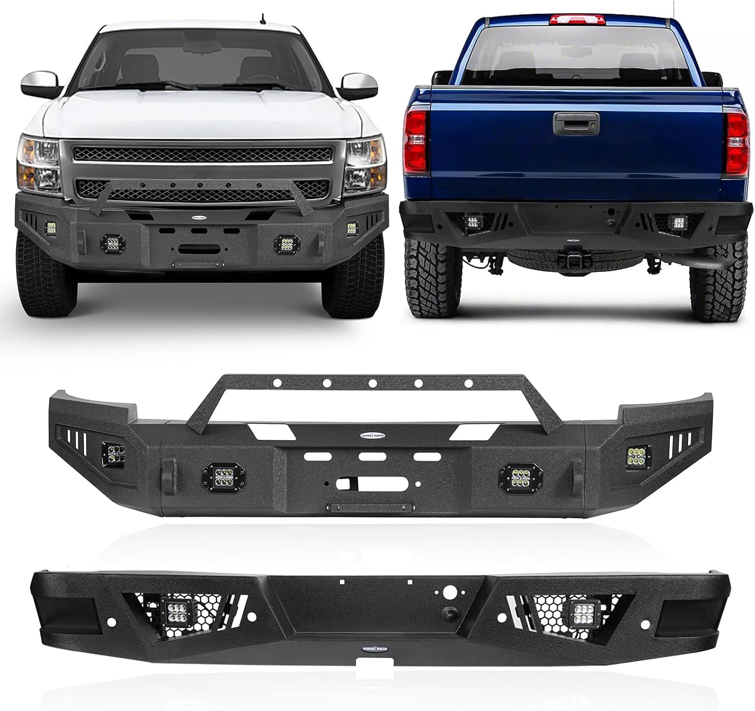 Hooke Road Front and Rear Bumper Kit for 2007-2013 Chevrolet Silverado 1500 2nd Gen Pickup, Steel Offroad Bumper w/Winch Plate & D-Ring Mounts