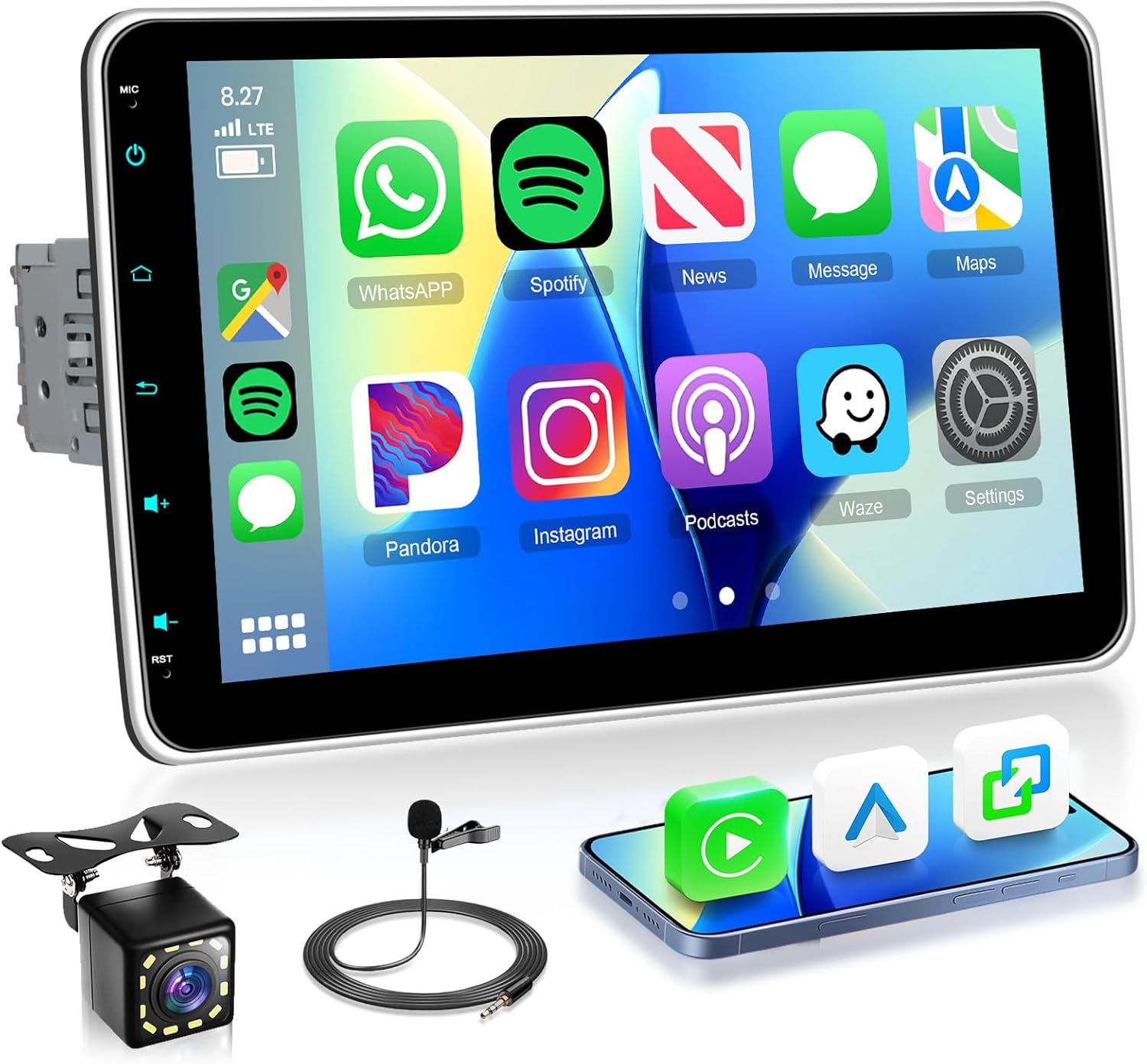 10.1” Single Din Touch Screen Car Stereo with Wireless Carplay and Android Auto, HD IPS Detachable& Adjustable 1 DIN Touchscreen Radio Bluetooth Mirror Link Steering Wheel Control FM EQ USB Type-C