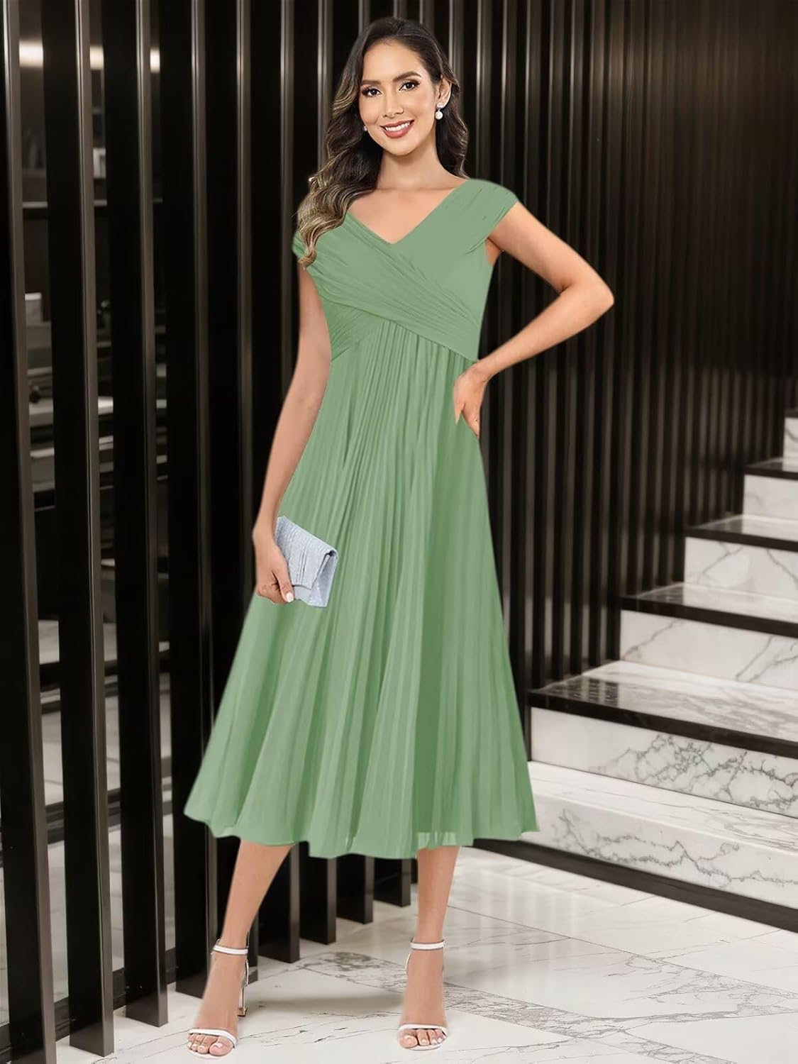 BANTRATIC Tea Length Mother of The Bride Dresses for Wedding Chiffon Cap Sleeve V Neck Pleated Formal Prom Gown with Belt