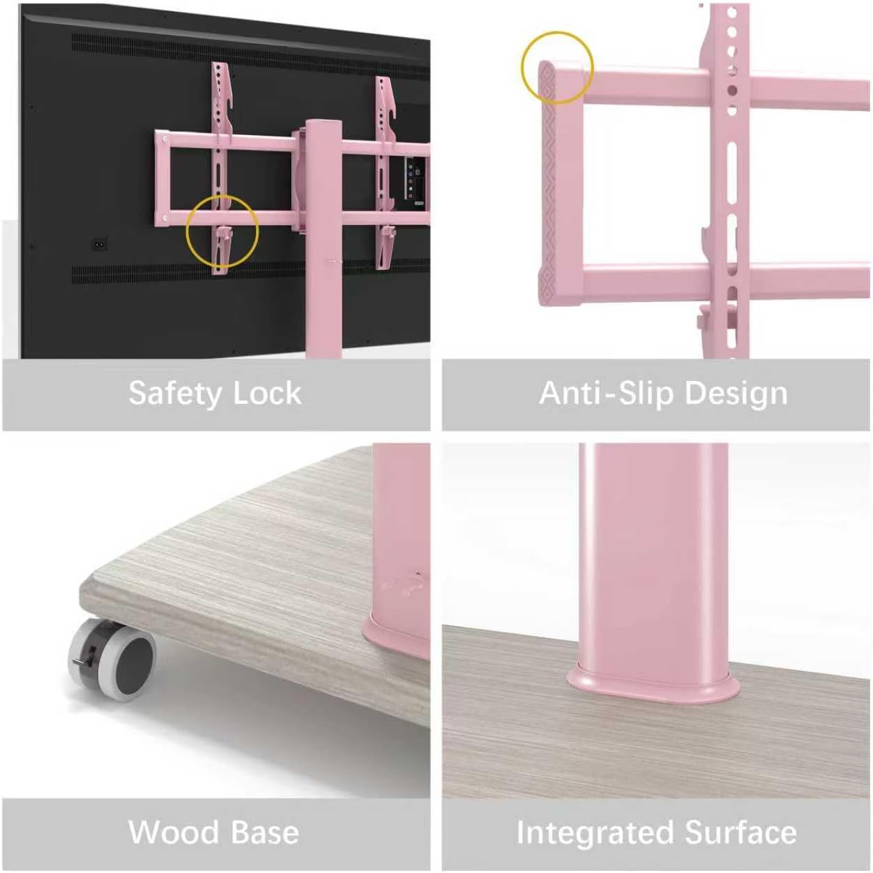Pink Rolling TV Stand for 32 to 55 65 75 85 Inch TVs, Corner TV Floor Stand with Mount, Universal Portable Mobile TV Cart on Wheels, Small TV Stand for Bedroom, Living Room, Conference Room