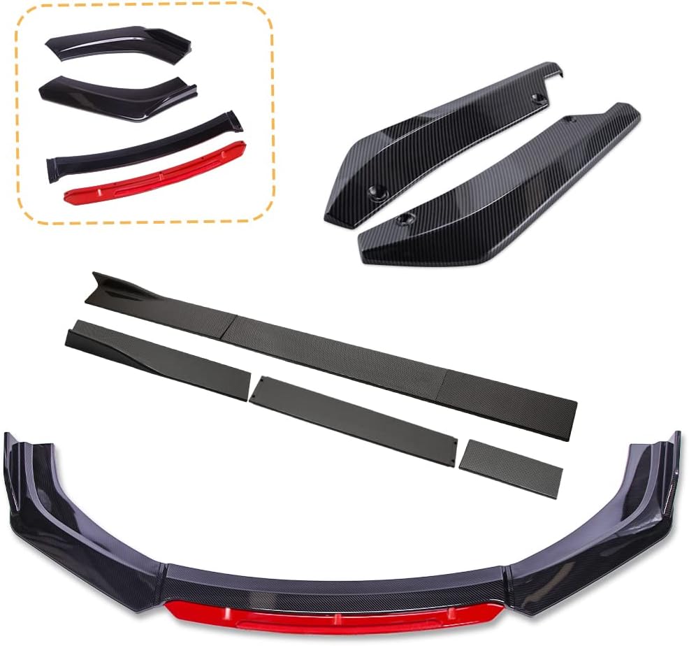 Universal Front Bumper Lip Protector for Car Splitter Spoiler Body Kits (Carbon Fibre,Red Tongue) +Rear Diffuser(Carbon Fibre) + 86.6'' Side Skirt (Carbon Fibre)