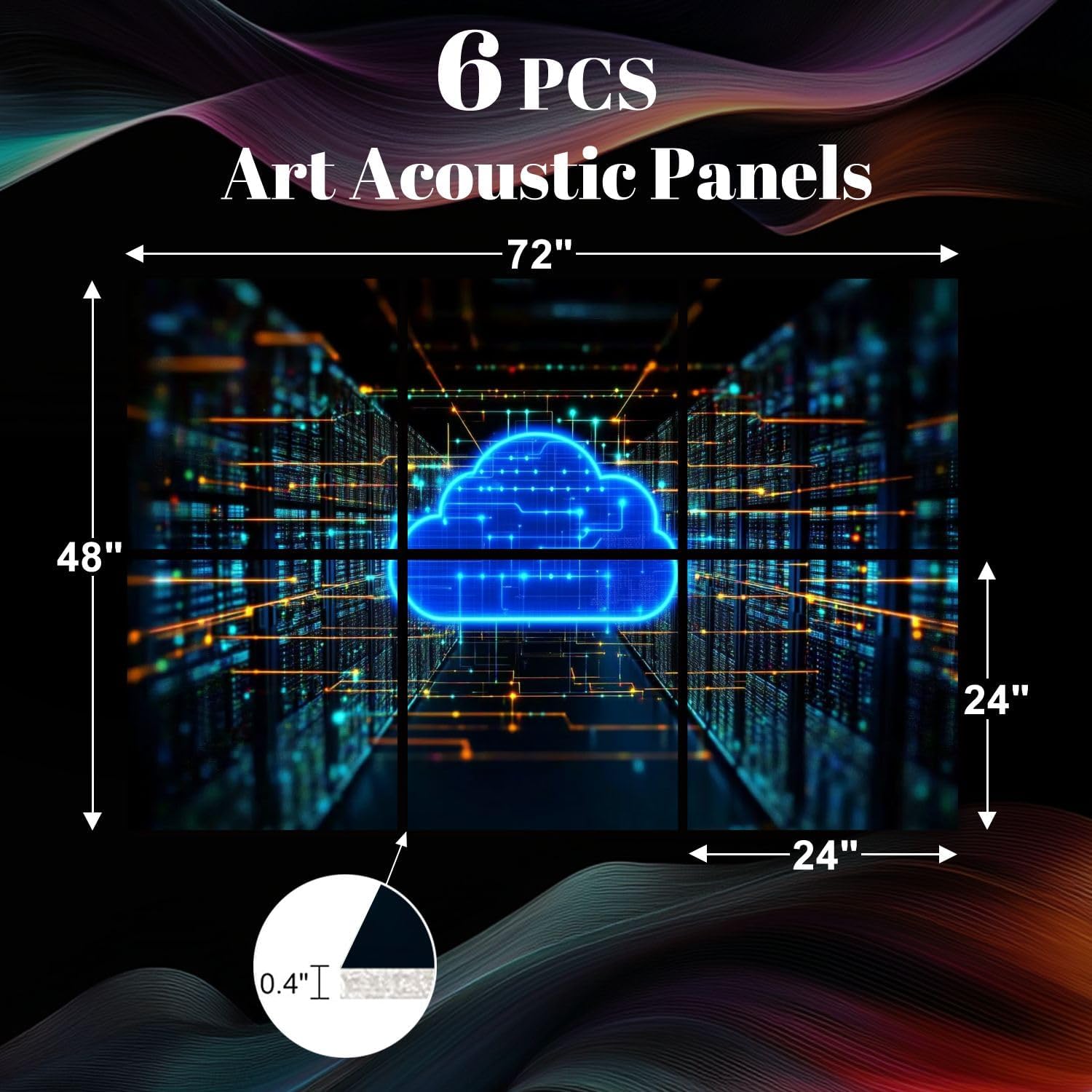 6 Pack Art Acoustic Panels Data storage cloud computing glowing blue cloud symbol microcircuit Soundproof Wall Panels, 48