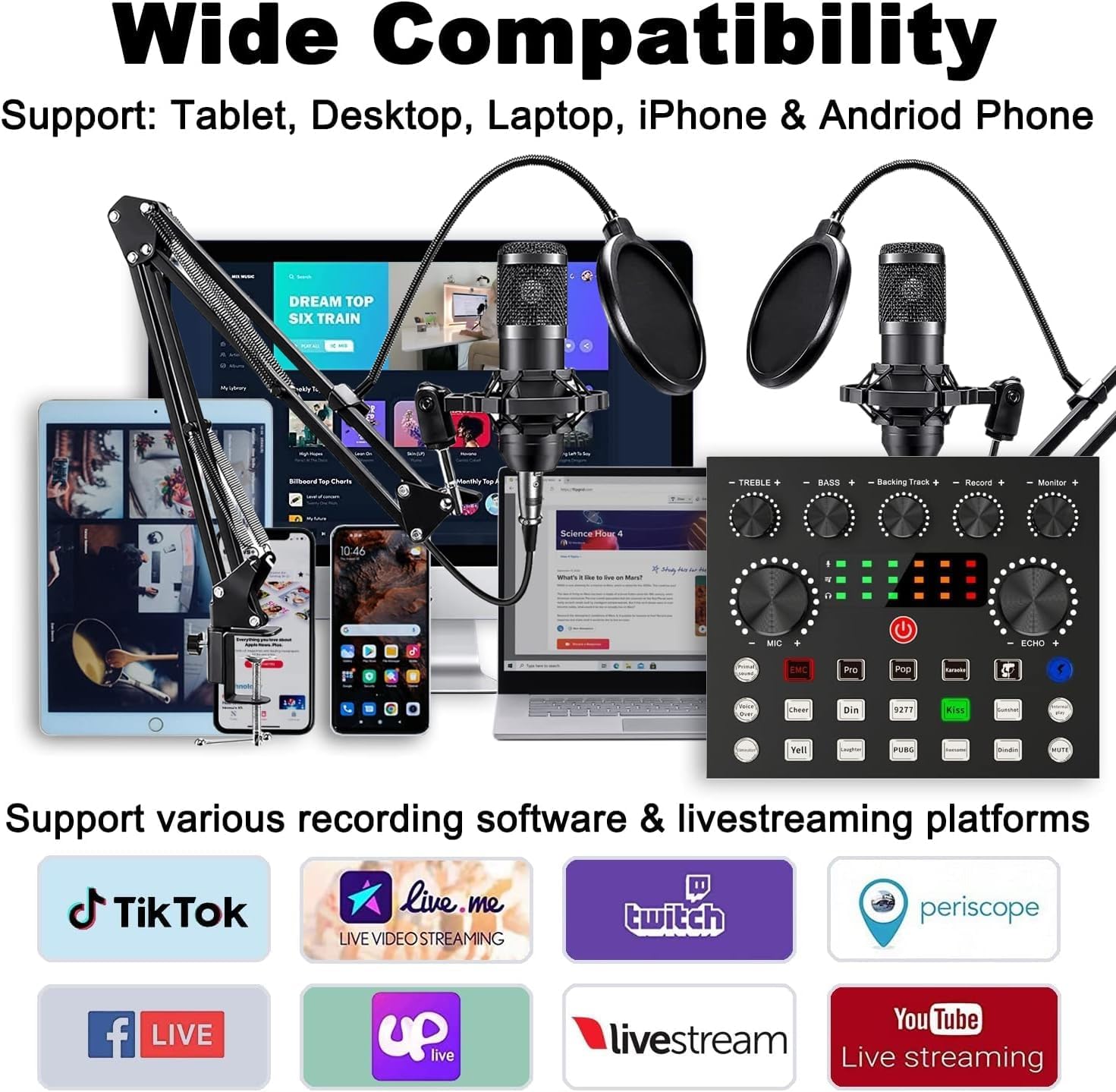 Podcast Equipment Bundle for 2, V8s DJ Mixer Voice Changer with BM-800 Podcast Microphone Bundle - Studio Condenser Microphone Perfect for Podcasting, Recording, Singing, Streaming and Gaming