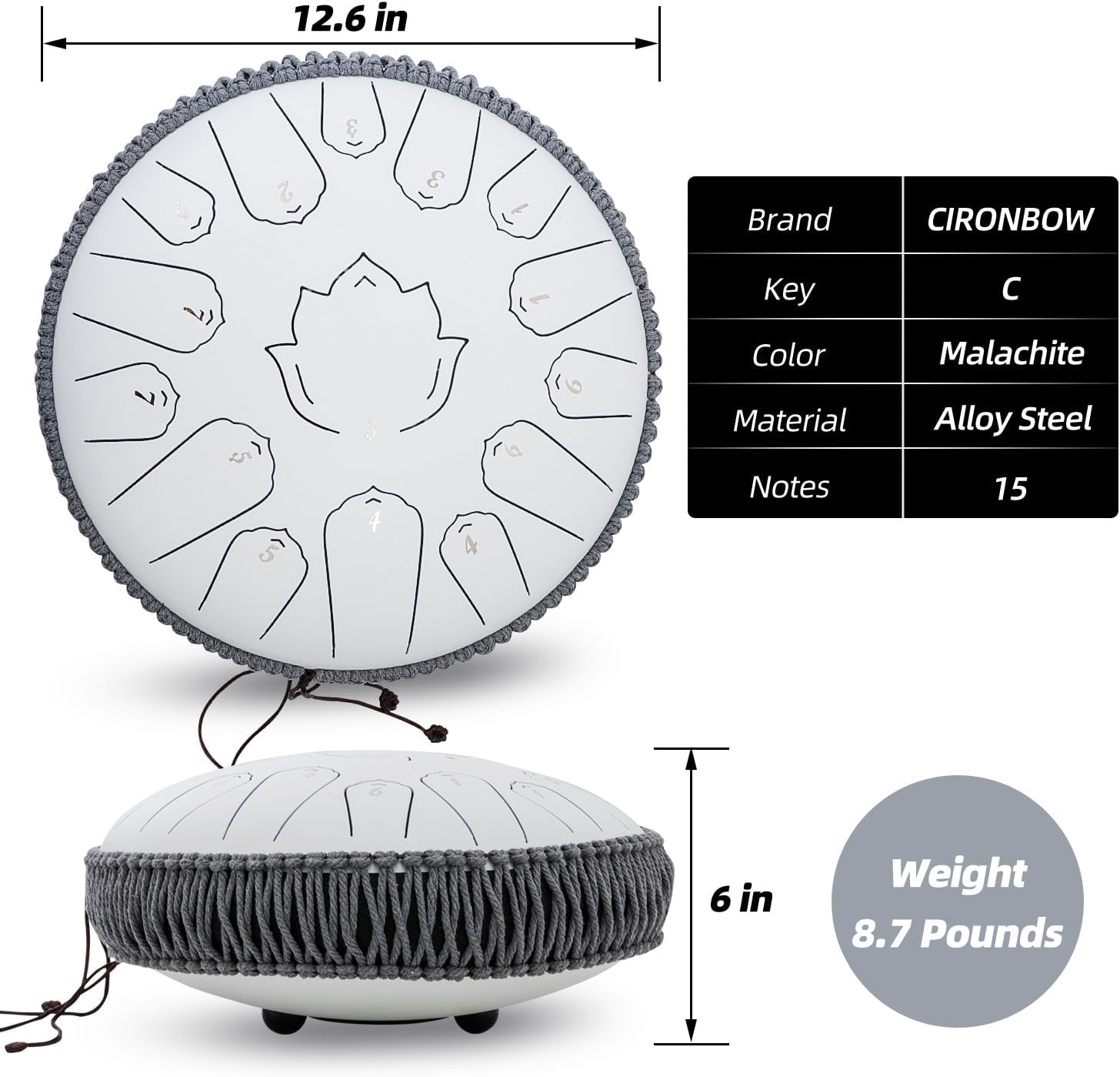 Steel Tongue Drum 13 Inch 15 Notes,Hand Drums with C-Key Travel Bag Drumsticks Holder Finger Paddles and Music Book,Handpan Percussion for Musical Education Meditation Yoga Gifts(Titanium White)