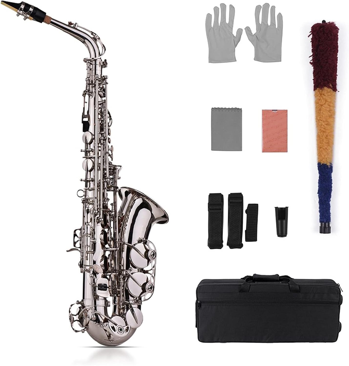 EB Alto Saxophone Sax Brass Lacquered Gold 802 Key Type Woodwind Instrument with Padded Carry Case Gloves Cleaning Cloth Student Saxophone (Color : Silver)