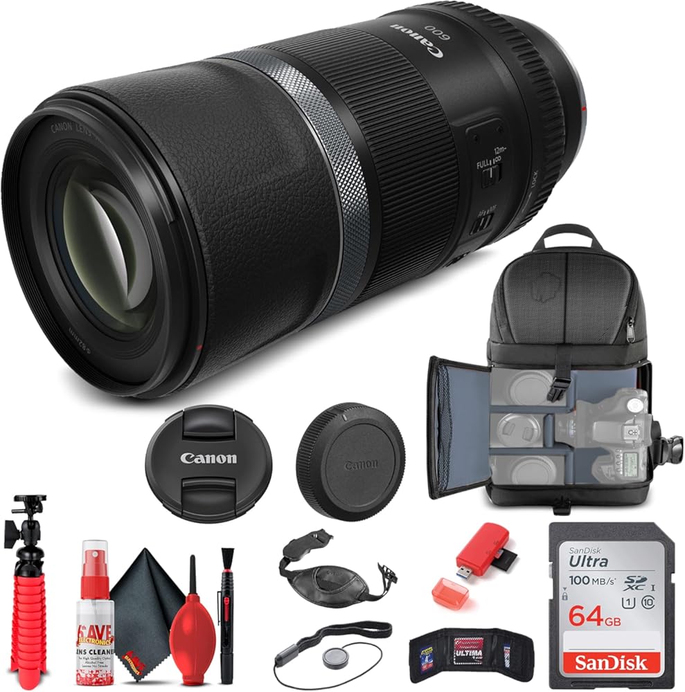 Canon RF 600mm f/11 is STM Lens (3986C002) + Filter Kit + Backpack + 64GB Card + Card Reader + Flex Tripod + Memory Wallet + Cap Keeper + Cleaning Kit + Hand Strap + More (Renewed)