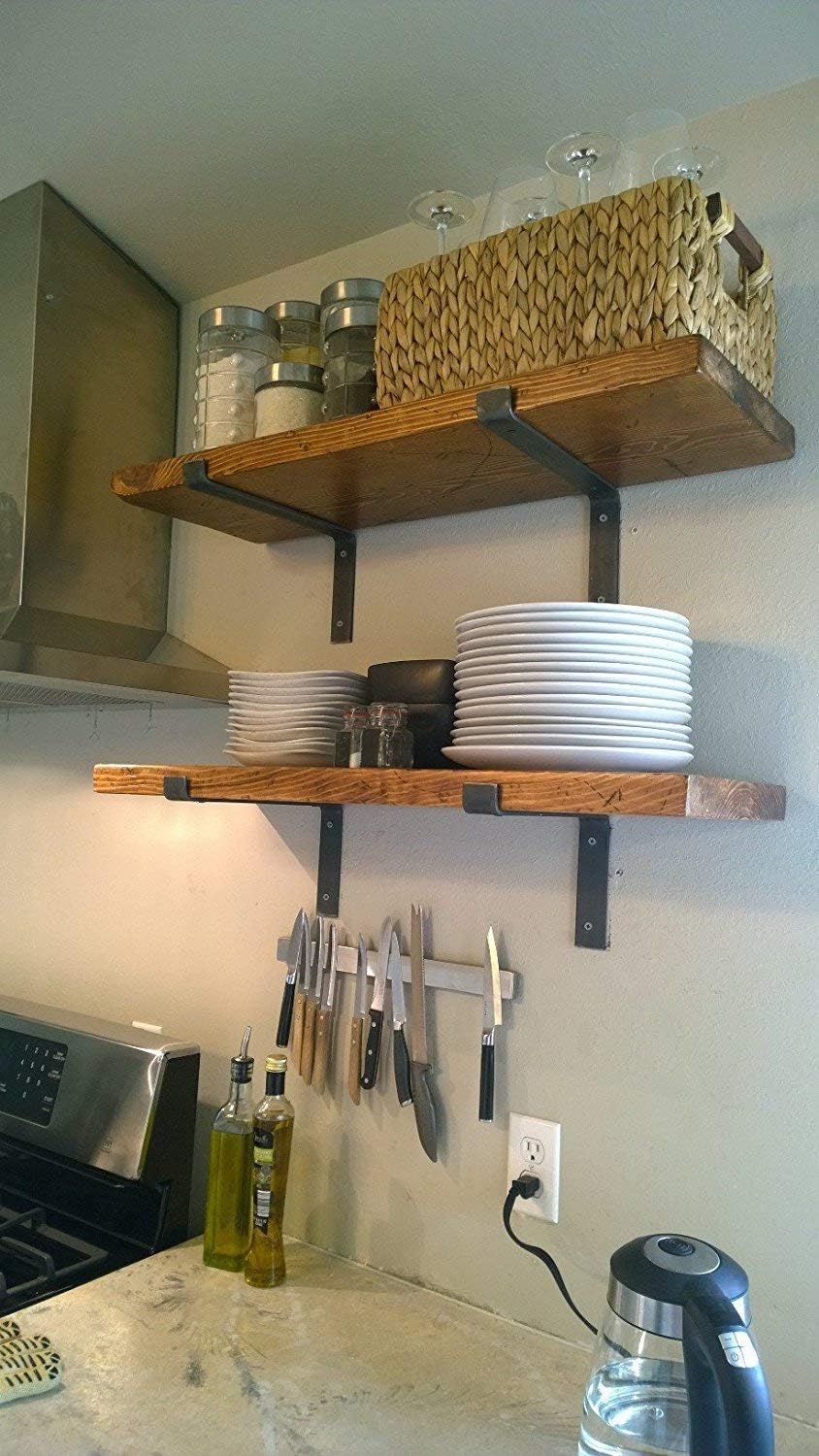 Rustic Wall Shelves with Metal Brackets - Wall Mount Shelf | USA Handmade Wall Shelf (Set of 2) 1.5'' X 7.5'' (Espresso, 24'')