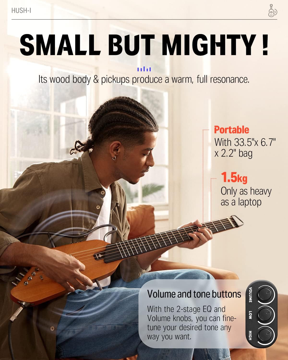 Portable Ultra-Light and Quiet Performance Headless Acoustic-Electric Guitar and Mini Electric Guitar Amp Wooden 3W Small Guitar Amplifier