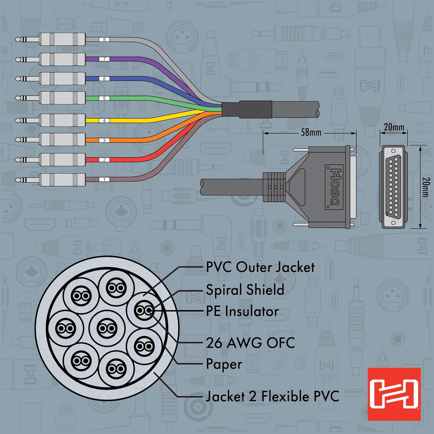 Hosa DTP-803 Balanced Snake, DB25 to 1/4 Inch TRS, 9.8 Feet