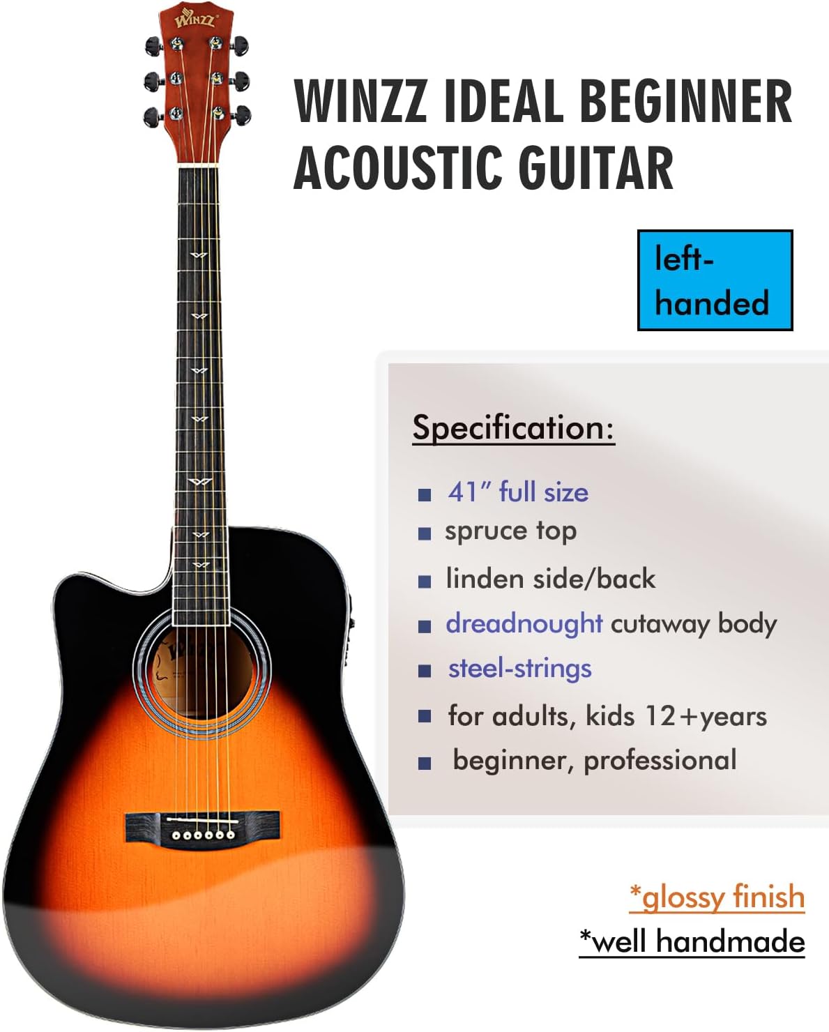 Winzz 4/4 Electro Acoustic Guitar, Left-Handed Western Guitar Set, Adult Beginners, Acoustic Guitar 41 Inch with 4-Band Equaliser (Dreadnought,Glossy Sunburst)